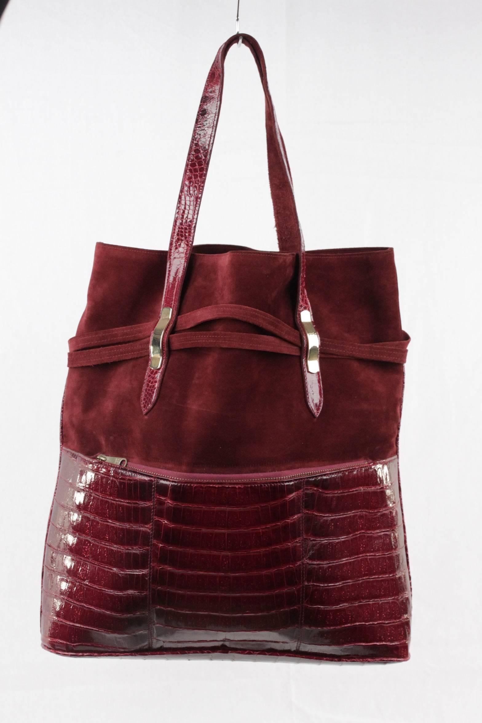 Red VINTAGE Burgundy Suede & Crocodile TOTE Shoulder Bag SHOPPING BAG