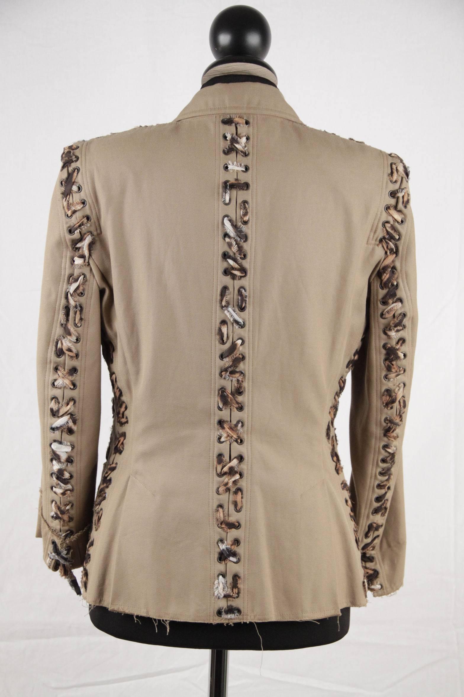 Brown YVES SAINT LAURENT RIVE GAUCHE Tan Animal Print Lace Up BLAZER Jacket SIZE 36