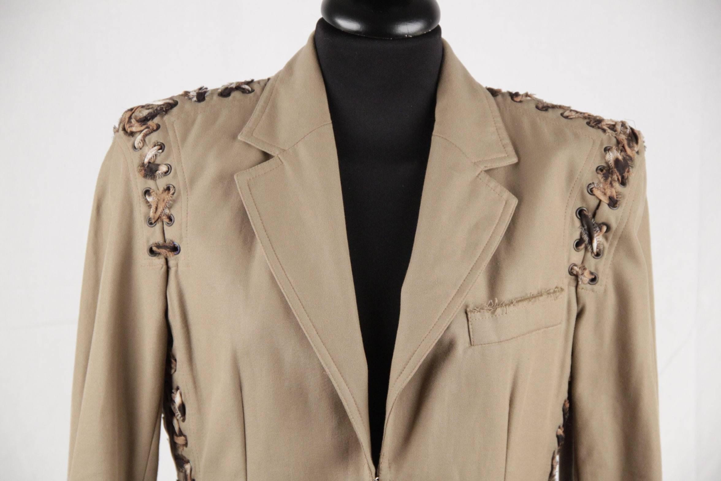 YVES SAINT LAURENT RIVE GAUCHE Tan Animal Print Lace Up BLAZER Jacket SIZE 36 In Good Condition In Rome, Rome