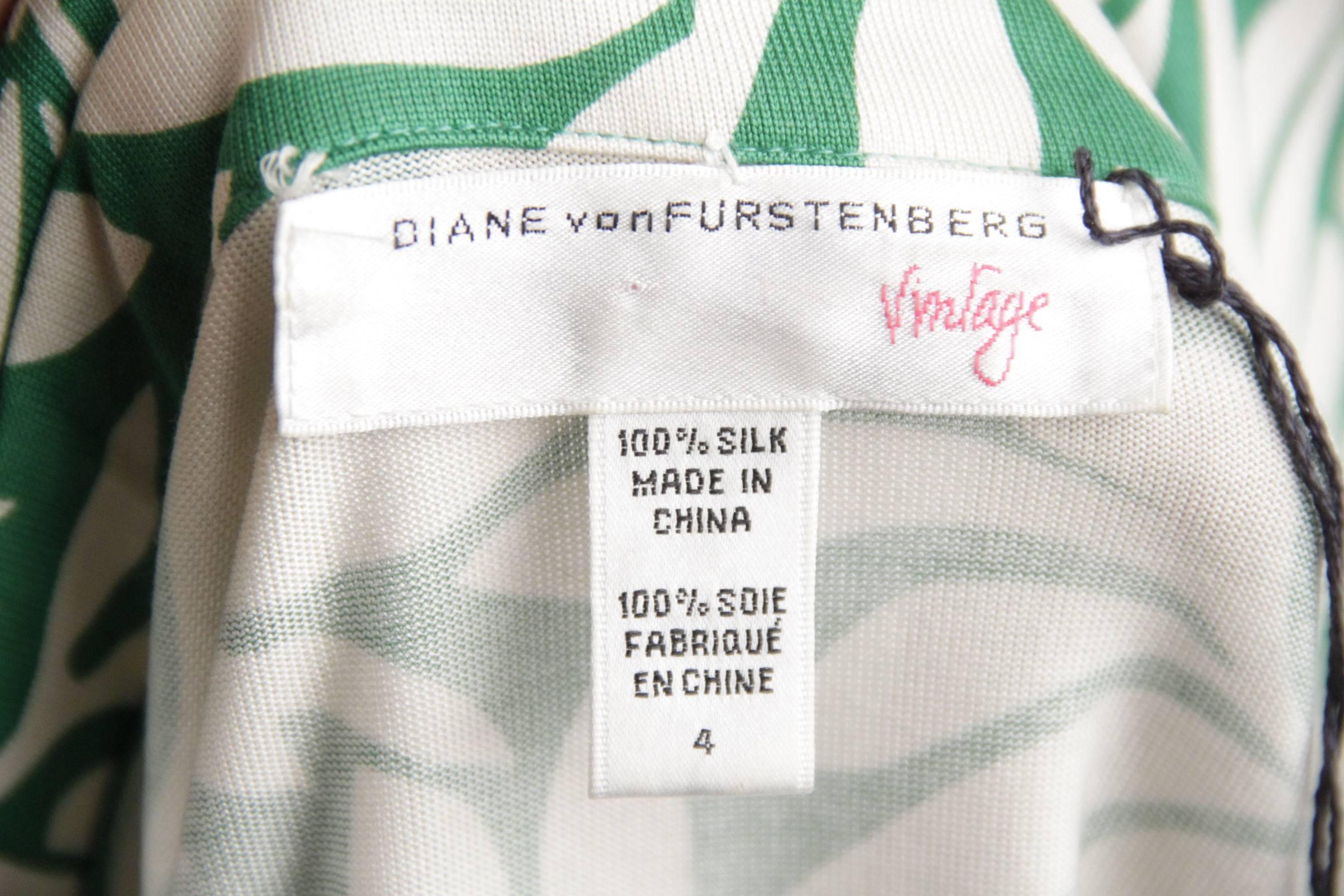 Women's DIANE VON FURSTEMBERG VINTAGE Green White Silk JILL TOP Blouse WRAP SHIRT 4