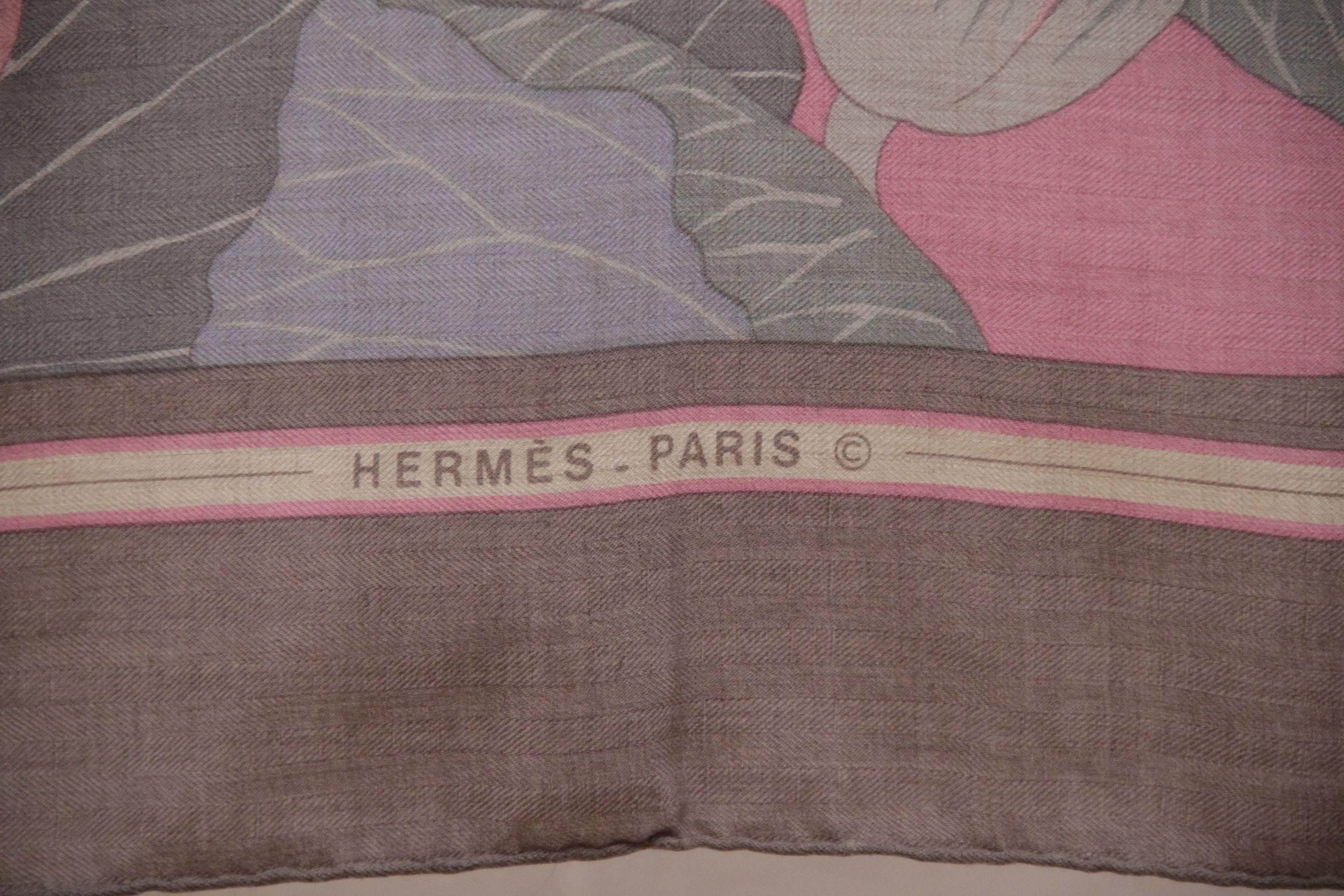 HERMES Gray Cashmere & Silk LARGE SCARF 1976 FLEURS DE LOTUS Vauzelles 1