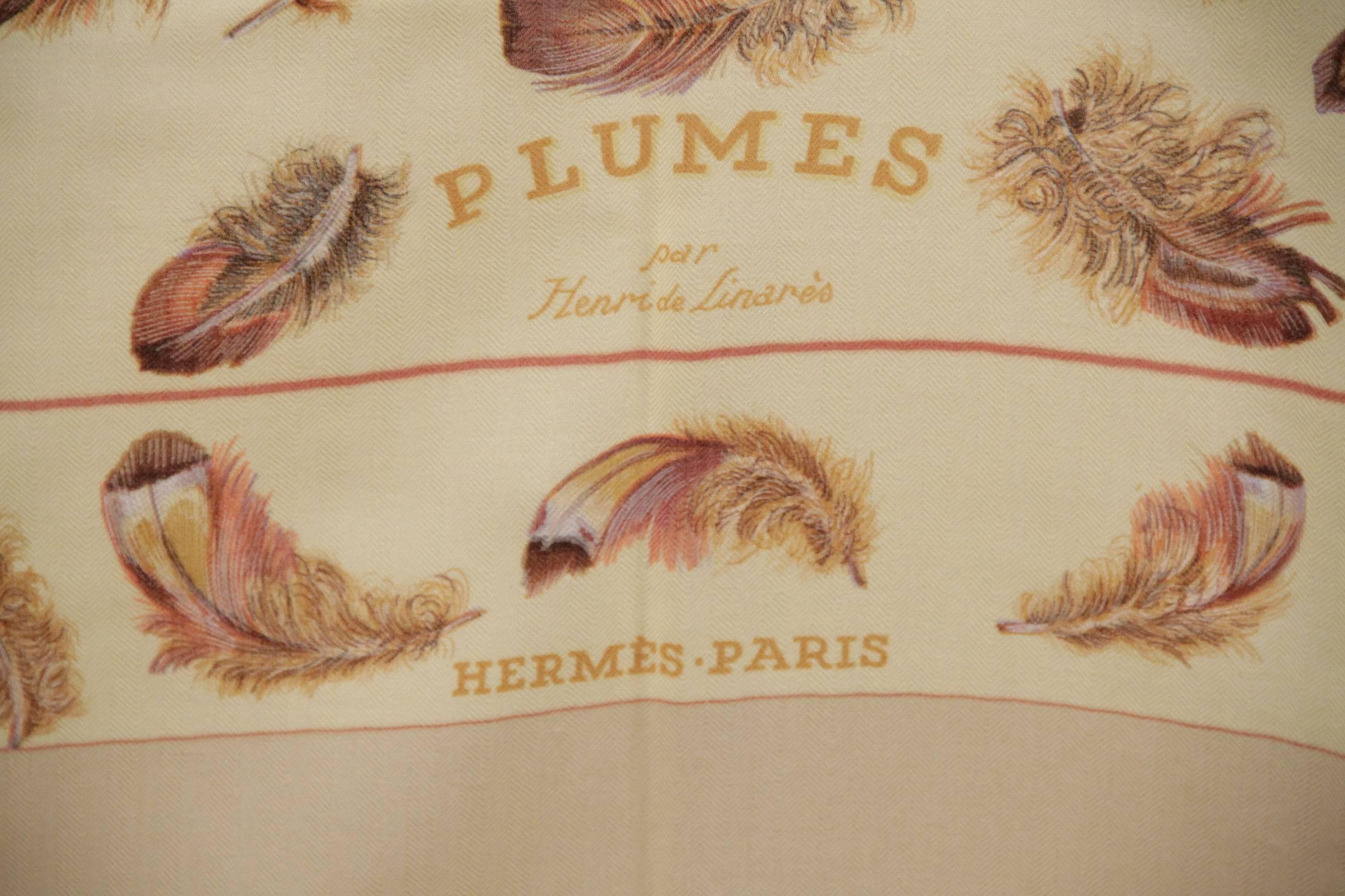 Women's HERMES Cream Cashmere & Silk LARGE SCARF PLUMES Feathers 1953 Henri De Linares
