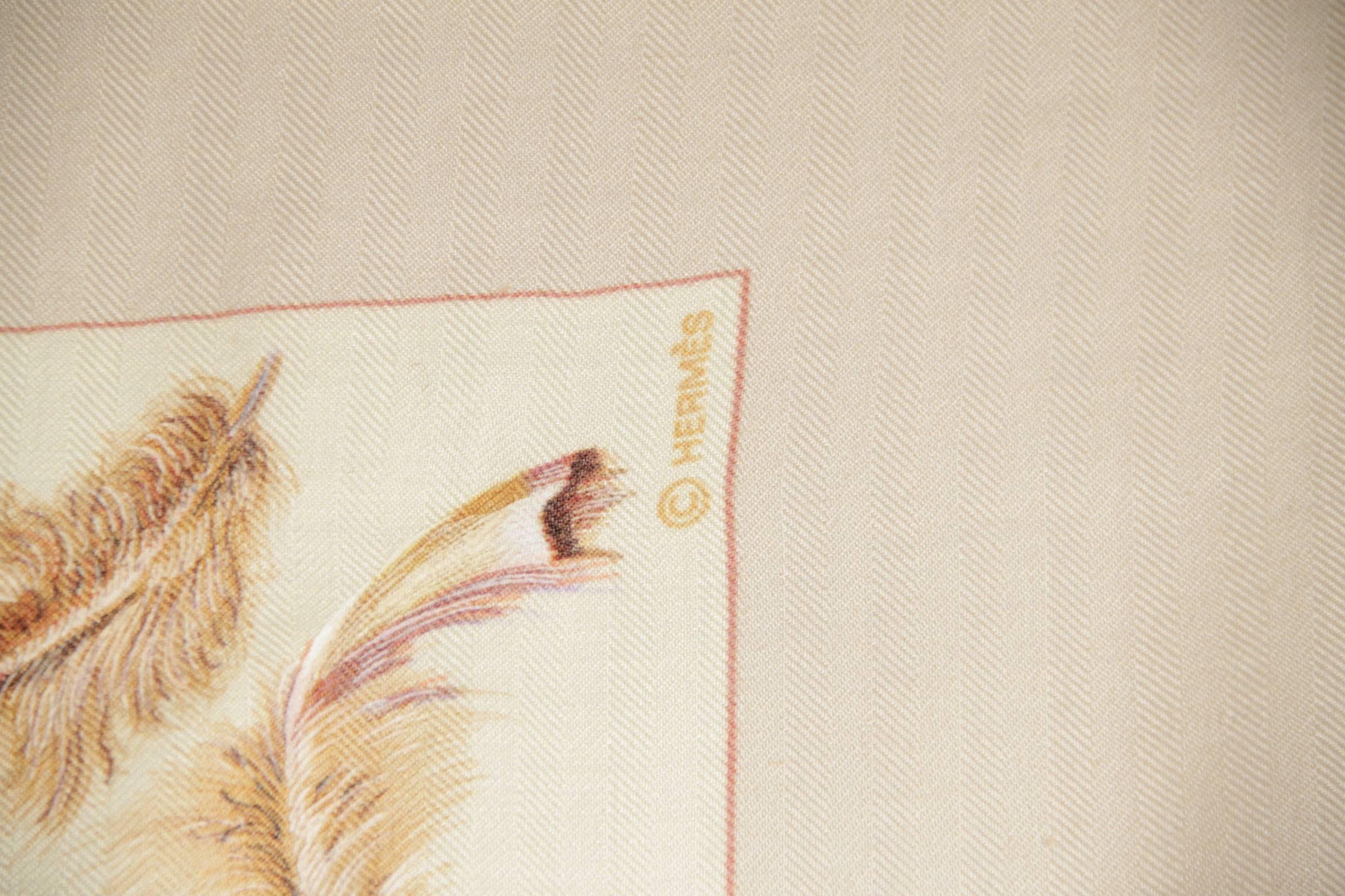 HERMES Cream Cashmere & Silk LARGE SCARF PLUMES Feathers 1953 Henri De Linares 2