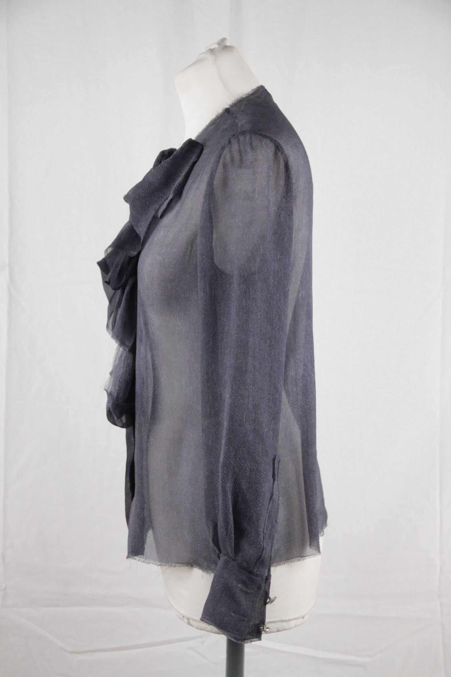 Gray CHANEL Blue Chiffon Silky Fabric LONG SLEEVE SHIRT Blouse w/ RUFFLES