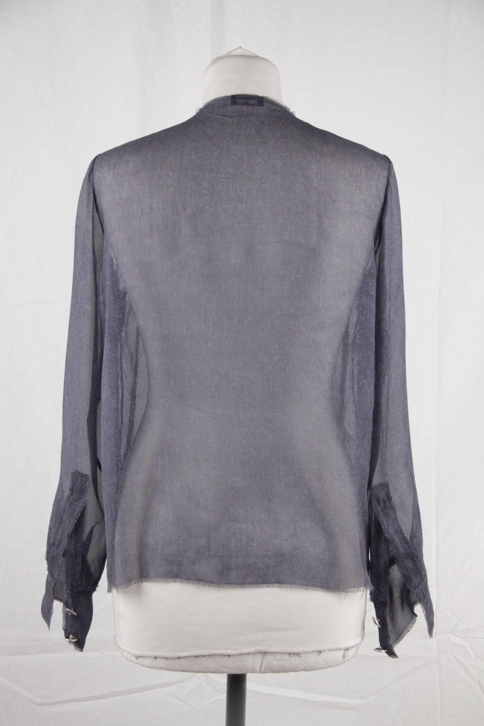 CHANEL Blue Chiffon Silky Fabric LONG SLEEVE SHIRT Blouse w/ RUFFLES In Good Condition In Rome, Rome