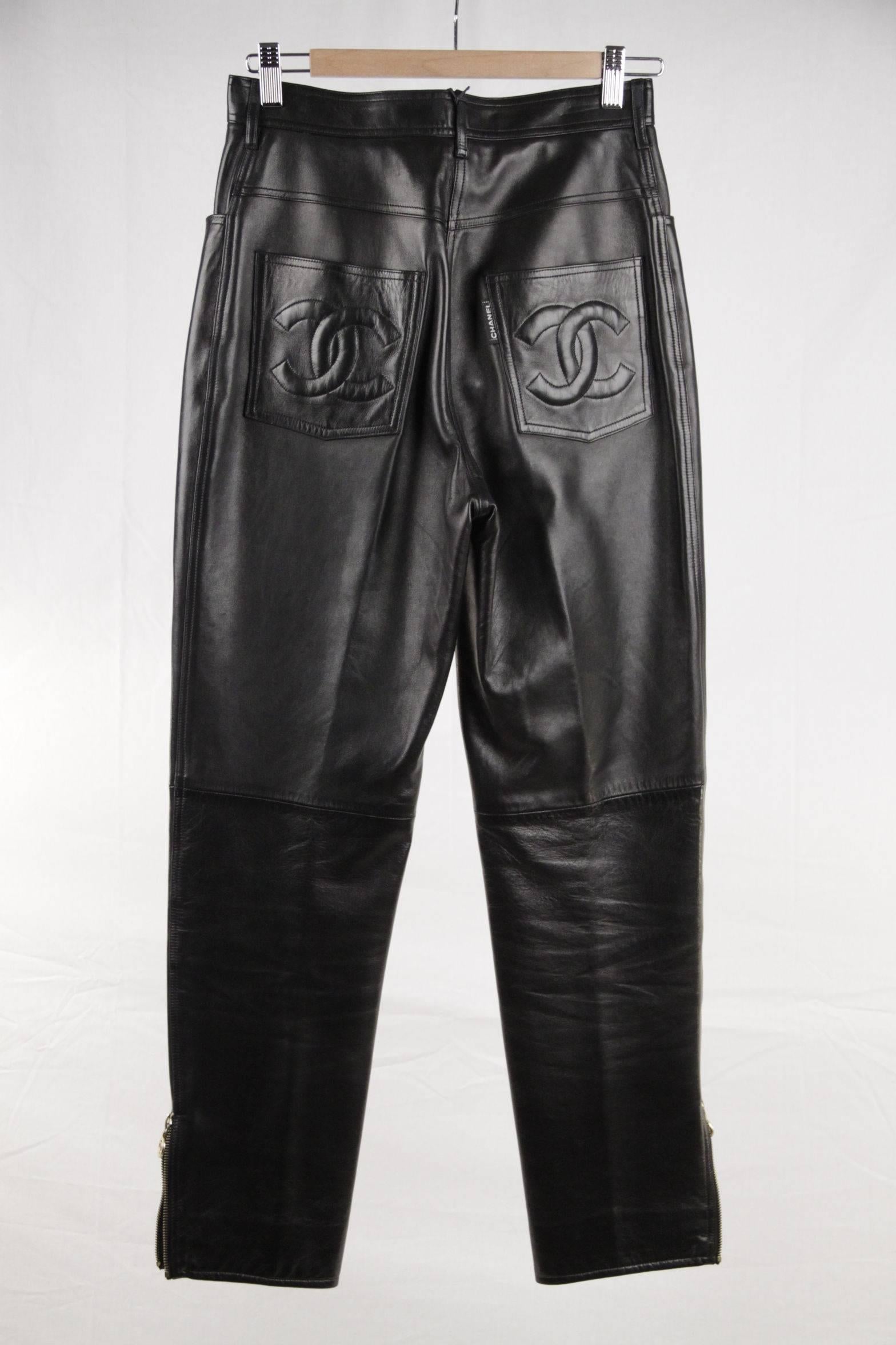 CHANEL BOUTIQUE Black Leather BIKER PANTS Trousers w/ ANKLE ZIP 1