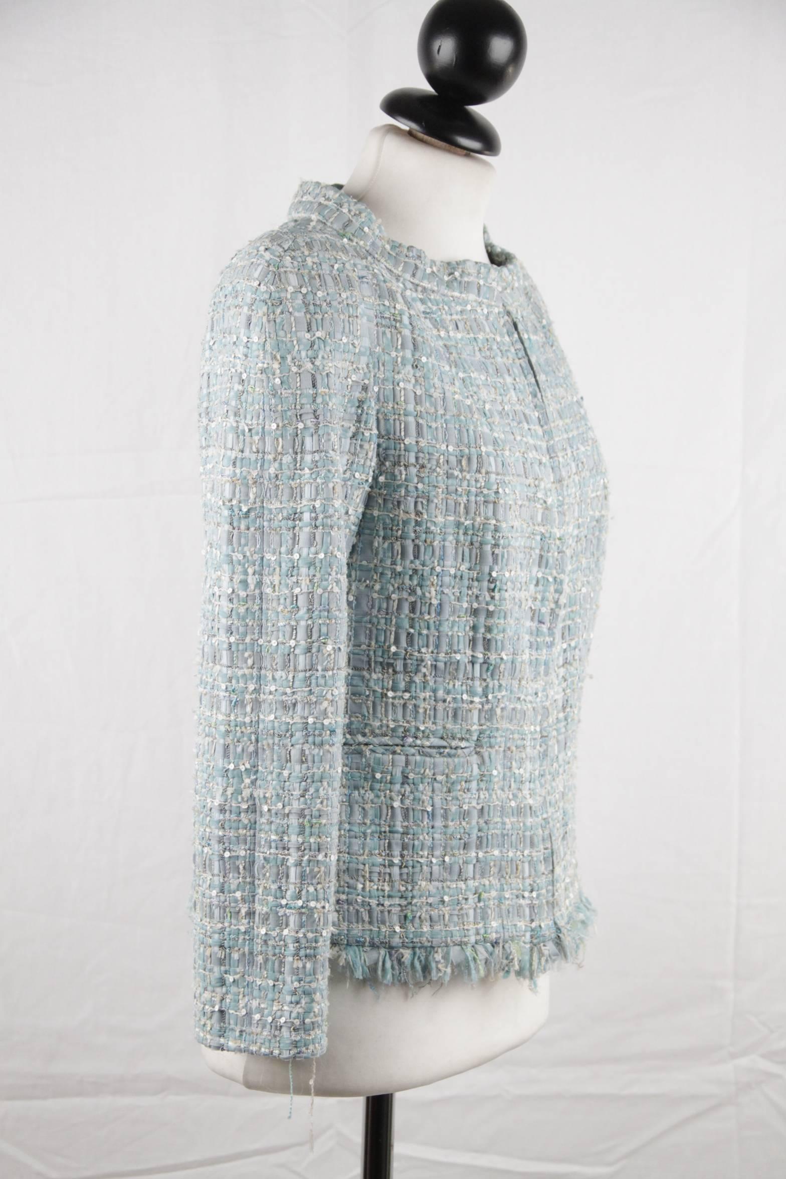 CHANEL Light Blue WOVEN Silk Blend ZIP JACKET Size 38 In Good Condition In Rome, Rome