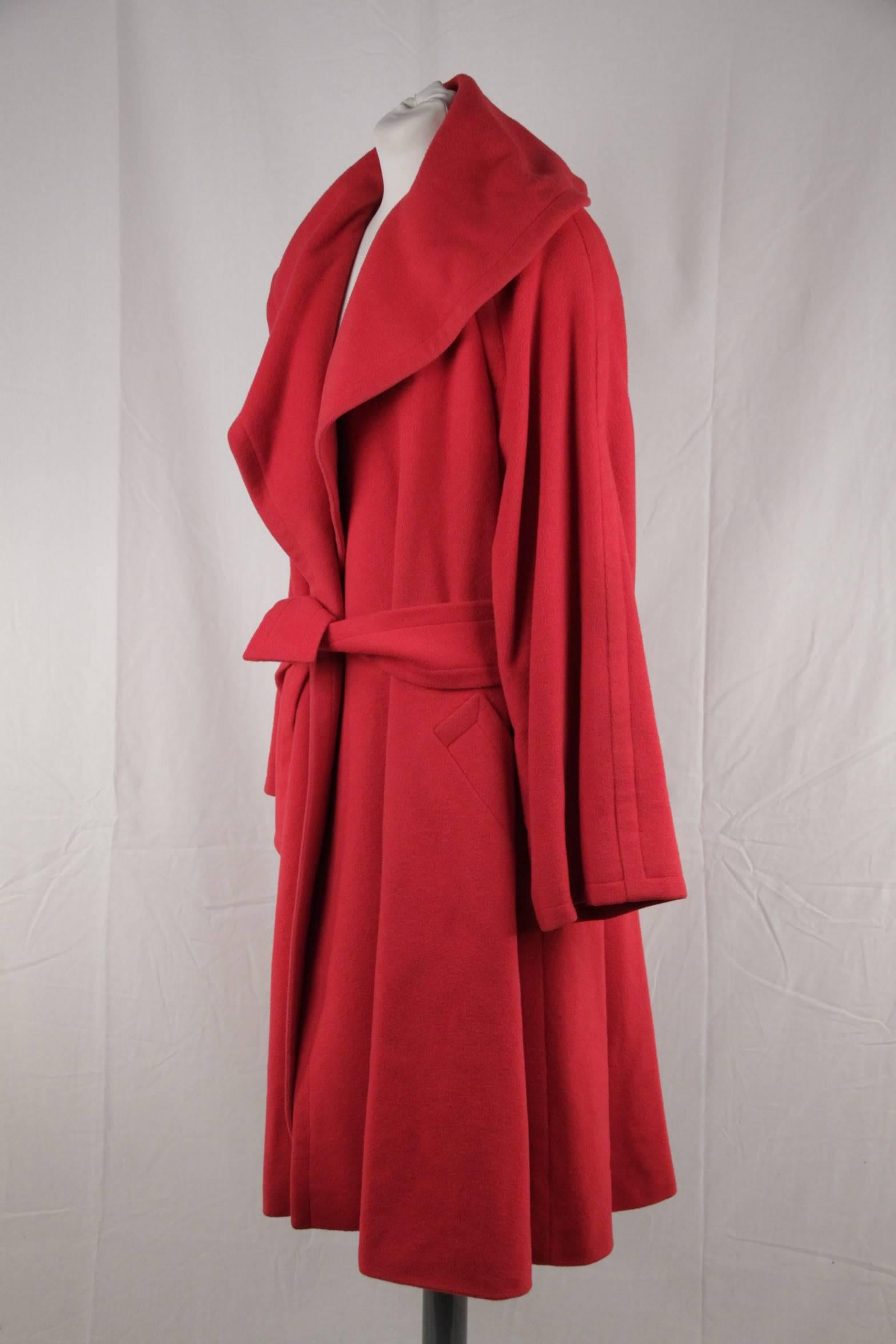 Women's CELINE Vintage Red Wool COAT w/ Self-Tie Belt SIZE 42