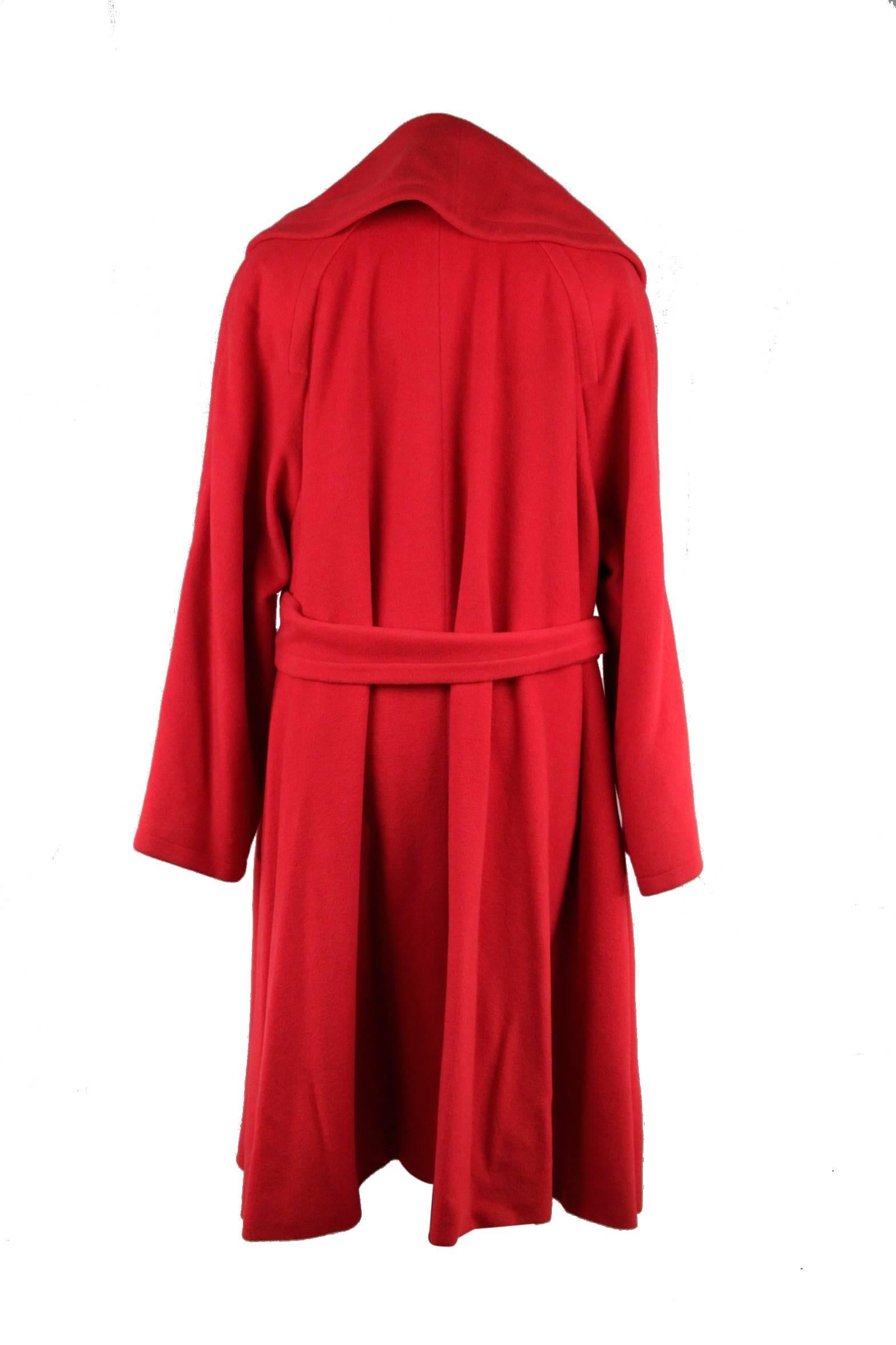 CELINE Vintage Red Wool COAT w/ Self-Tie Belt SIZE 42 1