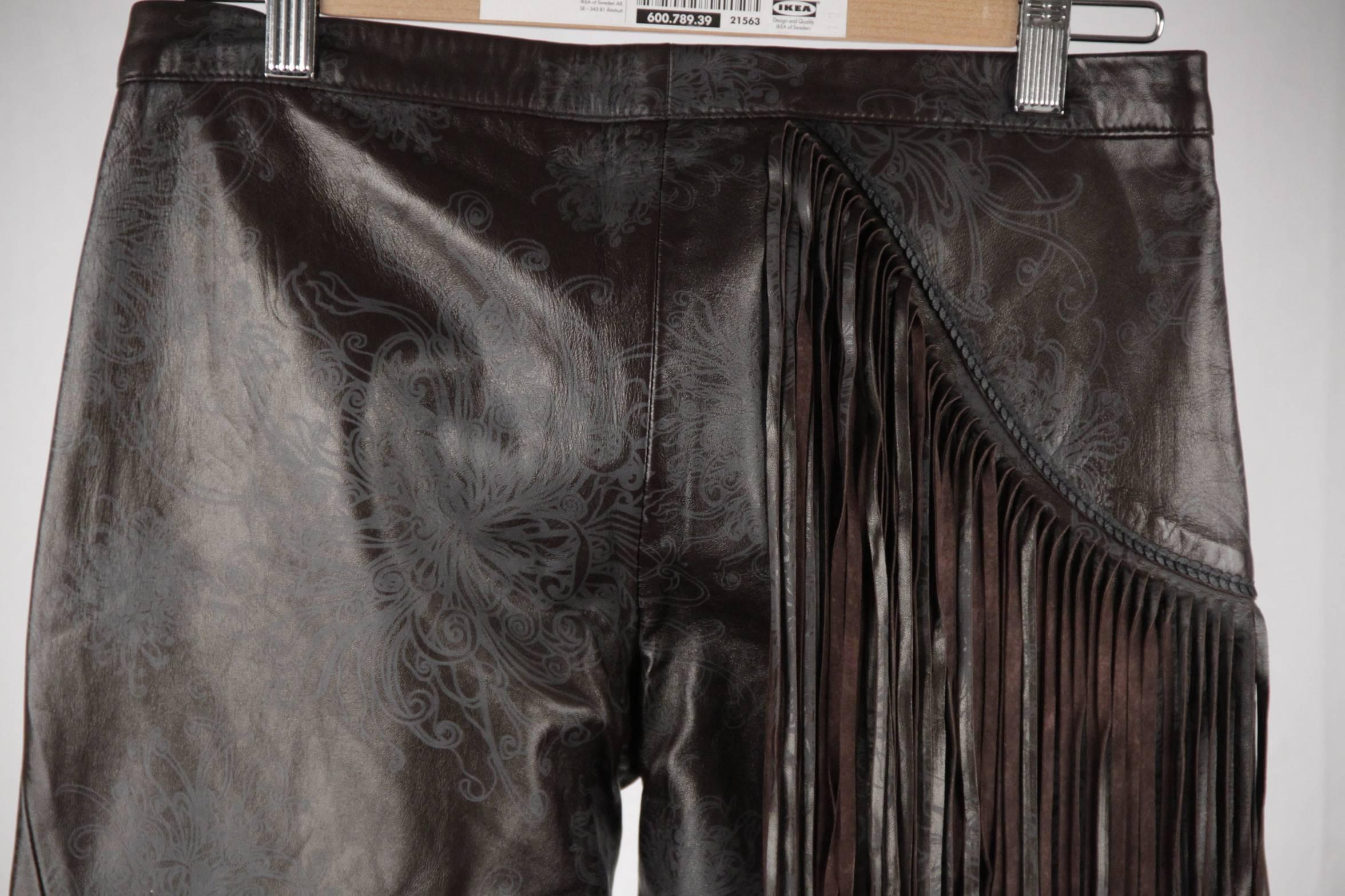 Black JUST CAVALLI Embossed Leather PANTS Trousers w/ FRINGES Size 40