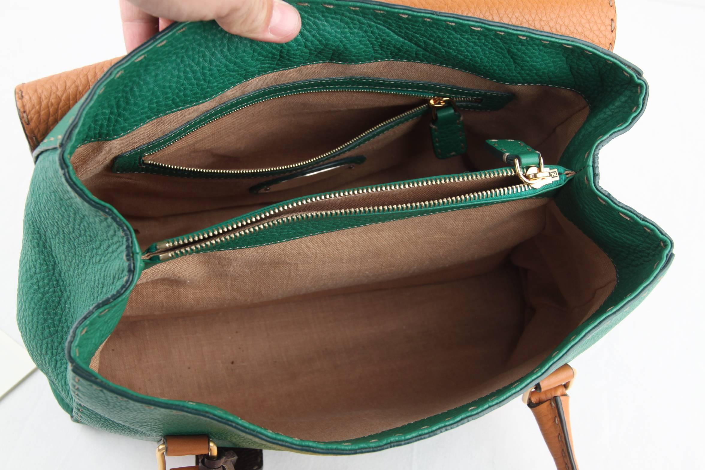 FENDI SELLERIA Green & Tan Leather LINDA BAG Satchel HANDBAG Tote In Excellent Condition In Rome, Rome