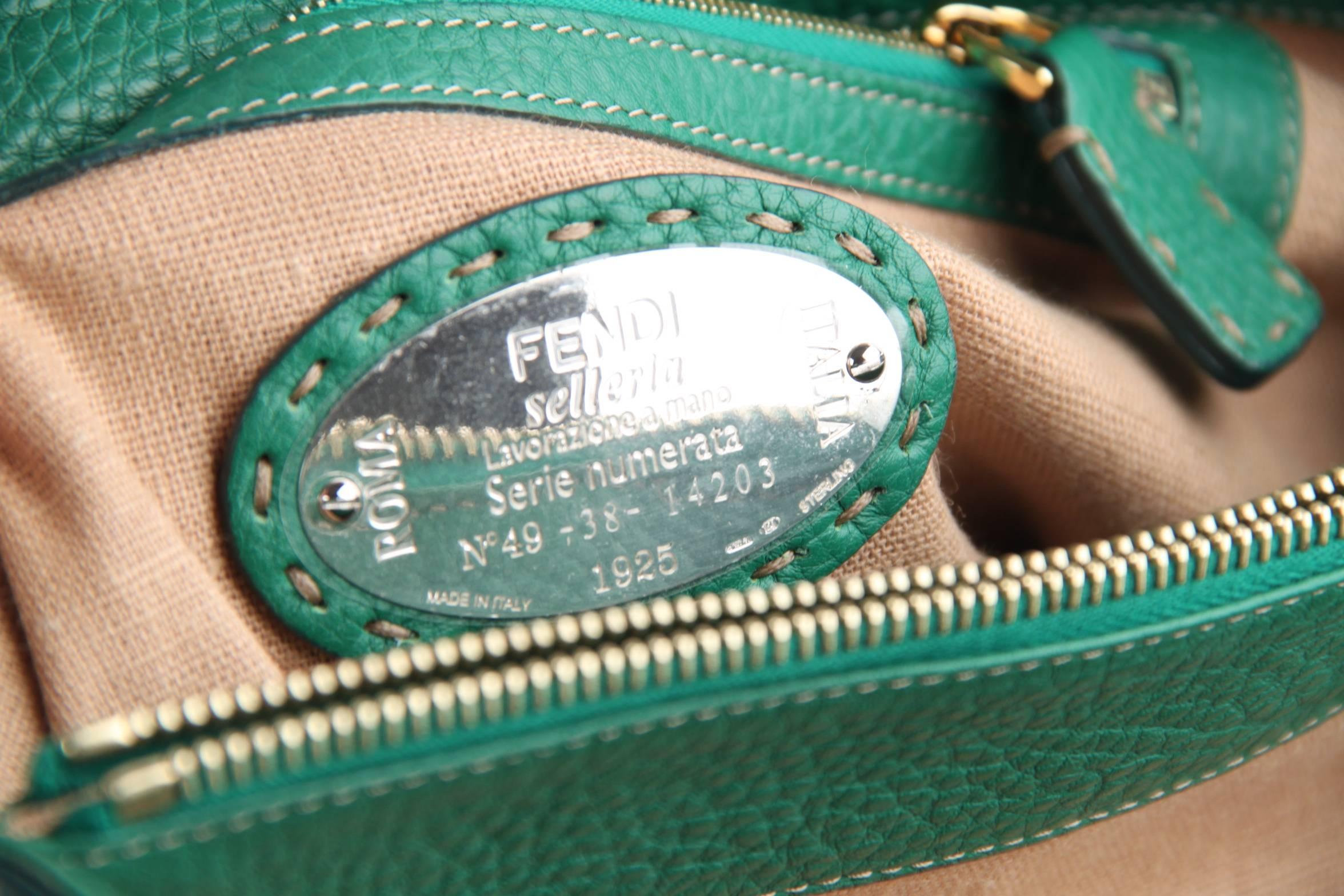 FENDI SELLERIA Green & Tan Leather LINDA BAG Satchel HANDBAG Tote 1