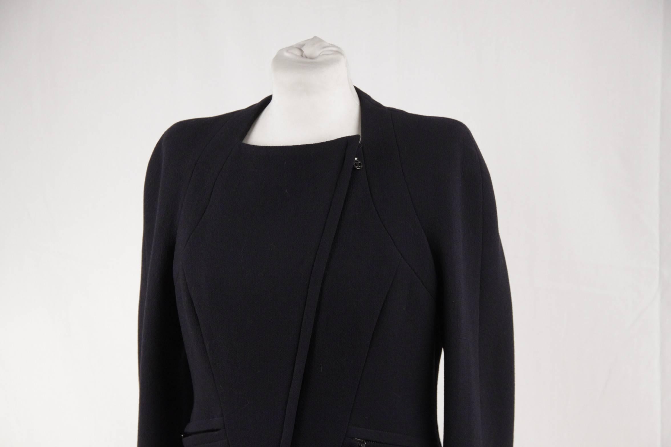 Black CHANEL BOUTIQUE Navy Blue Wool CROPPED Zip Up JACKET Size 42