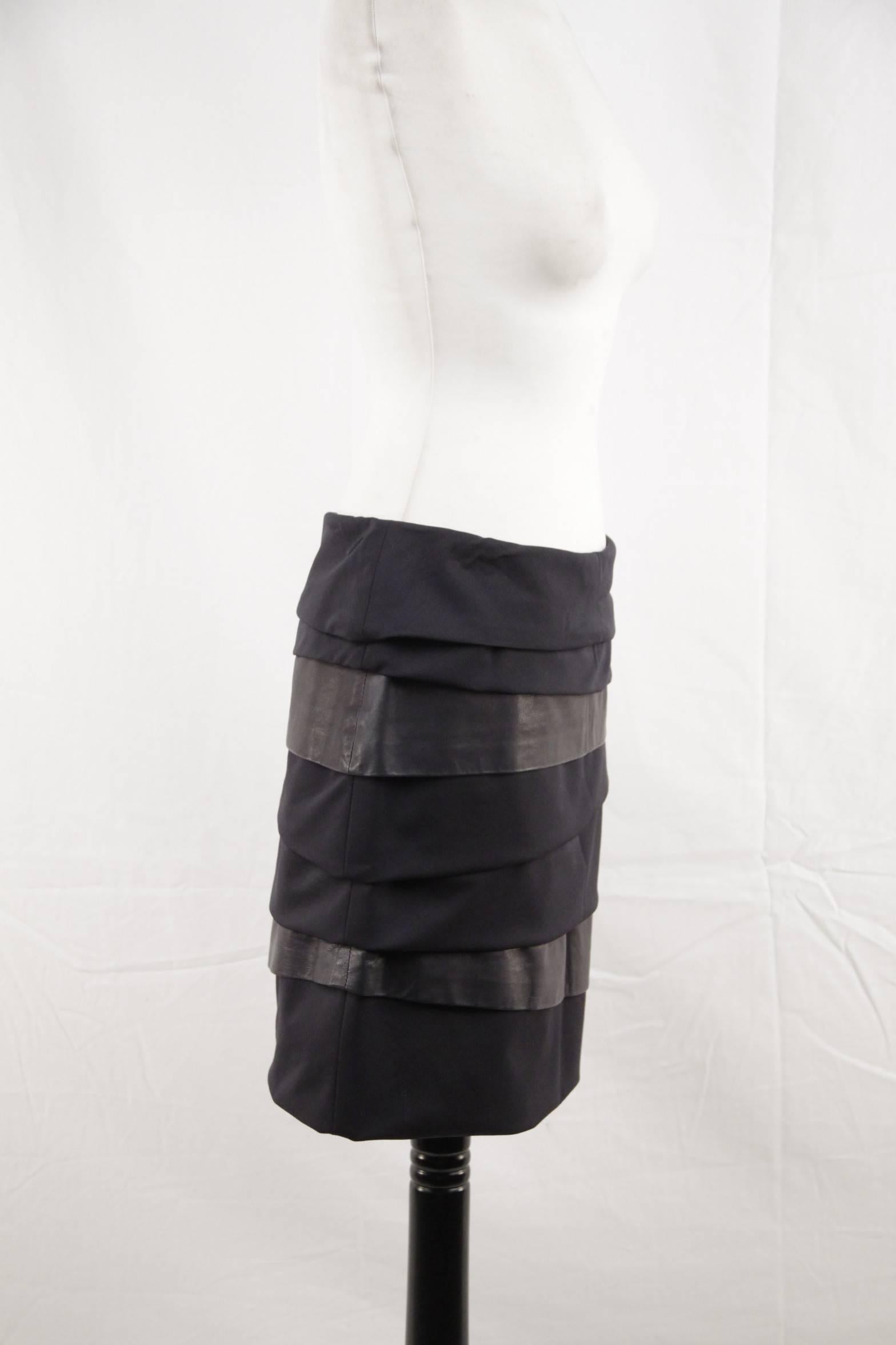 Black VERSACE Navy Blue Wool & Leather TIERED SKIRT Size 38