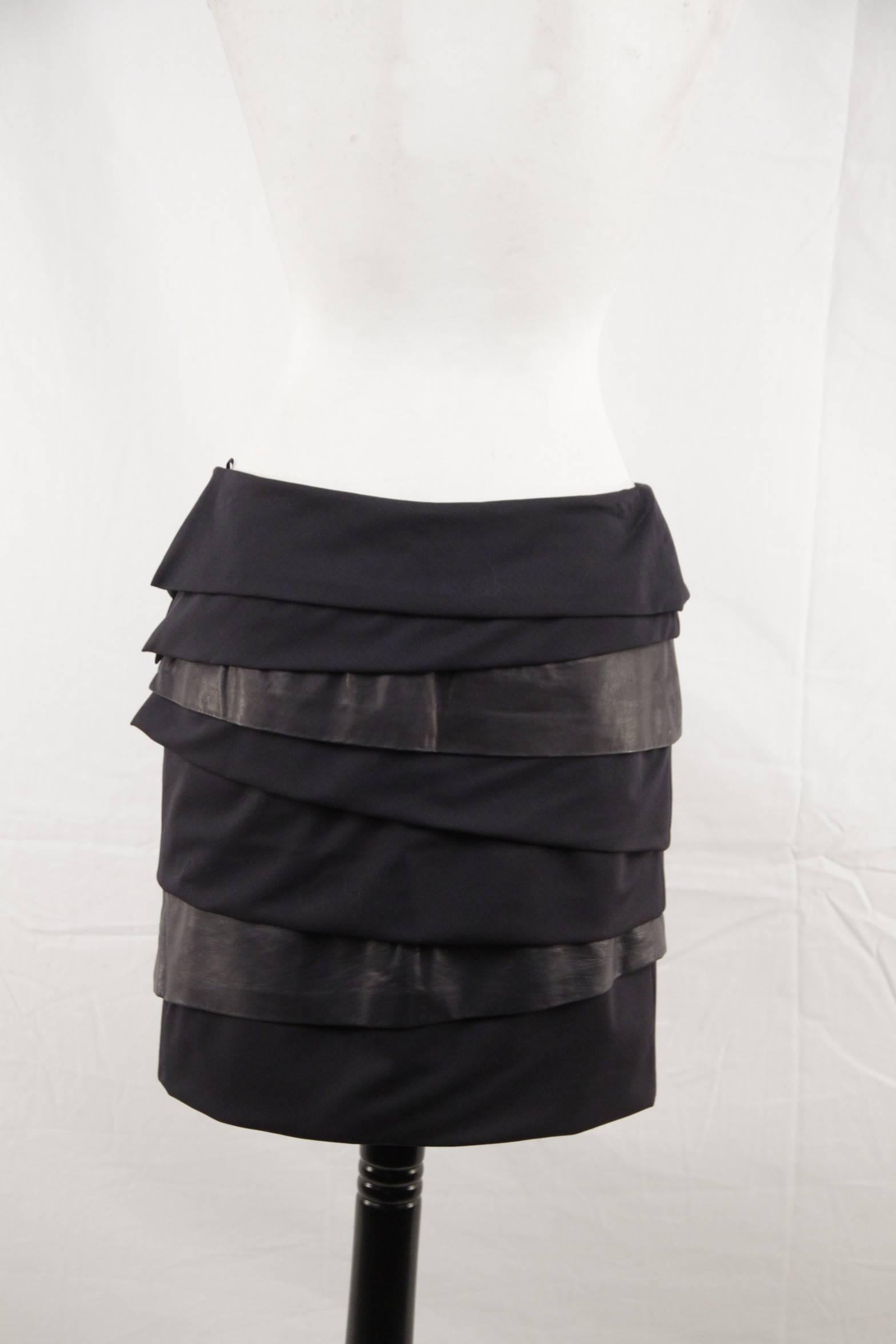 Women's VERSACE Navy Blue Wool & Leather TIERED SKIRT Size 38