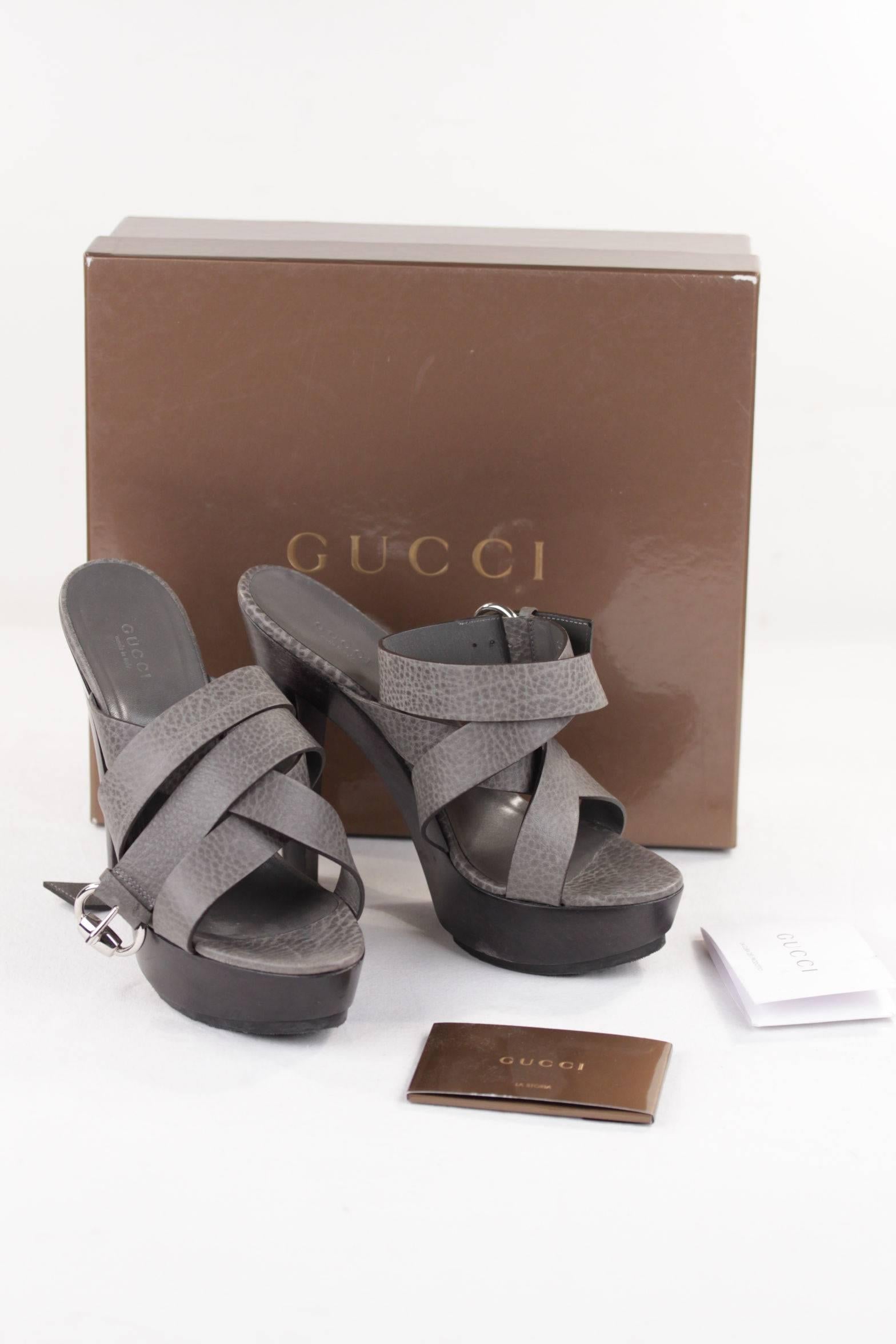 GUCCI Italian Gray Leather ANKLE WRAP Strap PLATFORMS Shoes SANDALS Sz 39 4