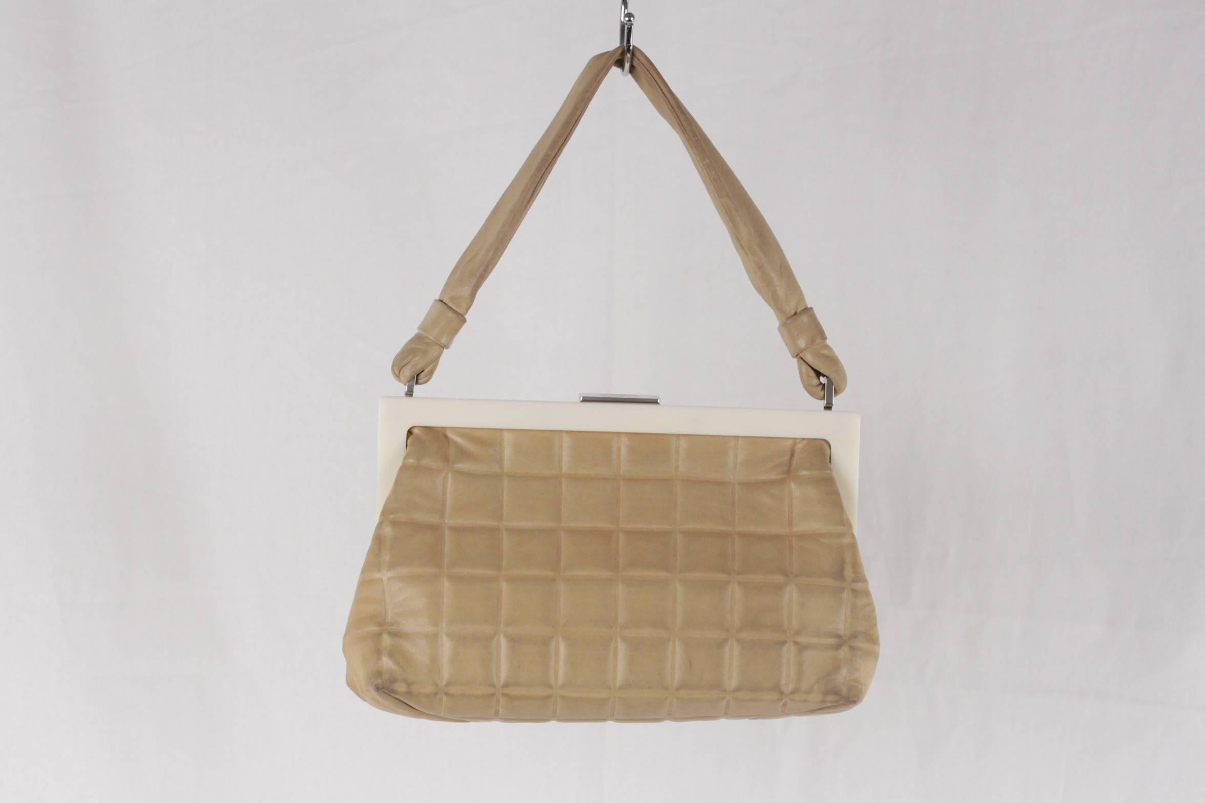 CHANEL Vintage Beige QUILTED Leather HANDBAG White LUCITE FRAME 1