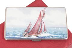 VINTAGE 1957 English Sterling Silver & Enamel CIGARETTE CASE w/ SAIL BOAT