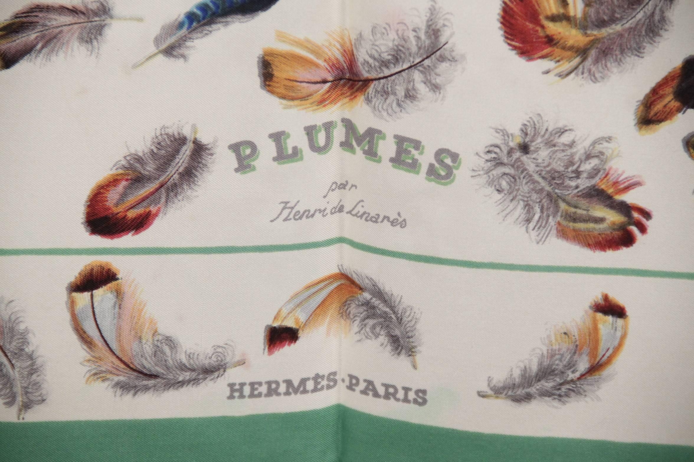 Gray HERMES Green Silk SCARF PLUMES Feathers 1953 Henri De Linares