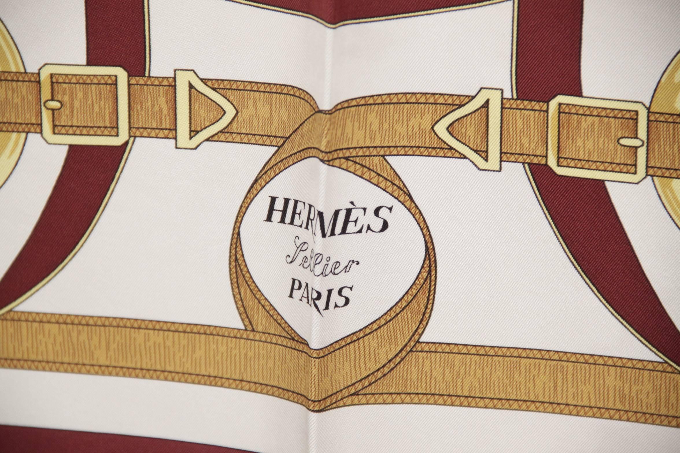 Brand: HERMES PARIS - Made in France

Logos / Tags: 'HERMES Sellier Paris' printed on the scarf, composition tag, HERMES with copyright signature printed on a corner

Condition rate & details (please read our condition chart below): C :FAIR