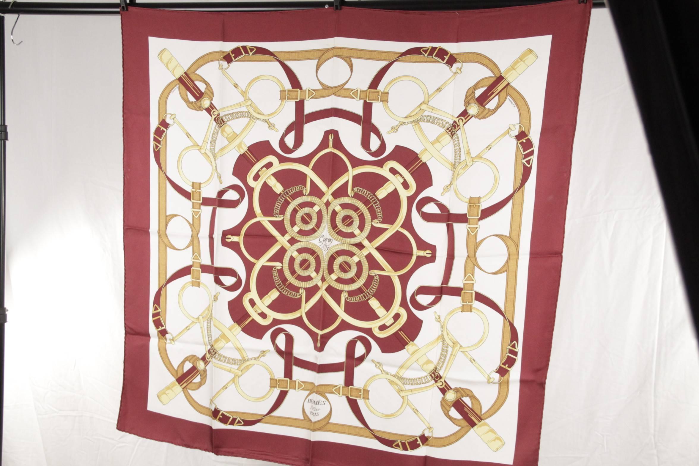 HERMES PARIS Burgundy Silk Scarf EPERON D'OR Henry D'Origny 1974 In Fair Condition In Rome, Rome