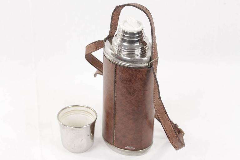 GUCCI VINTAGE Brown Leather THERMOS Vacuum Flask w/ Shoulder Strap For