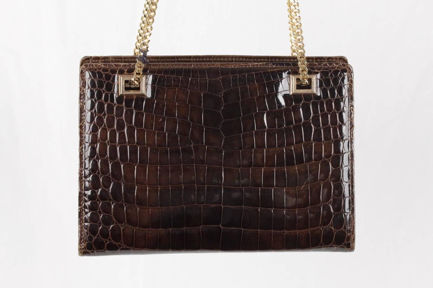 GUCCI VINTAGE Brown CROCODILE Leather SHOULDER BAG w/ Chain Straps For Sale at 1stdibs