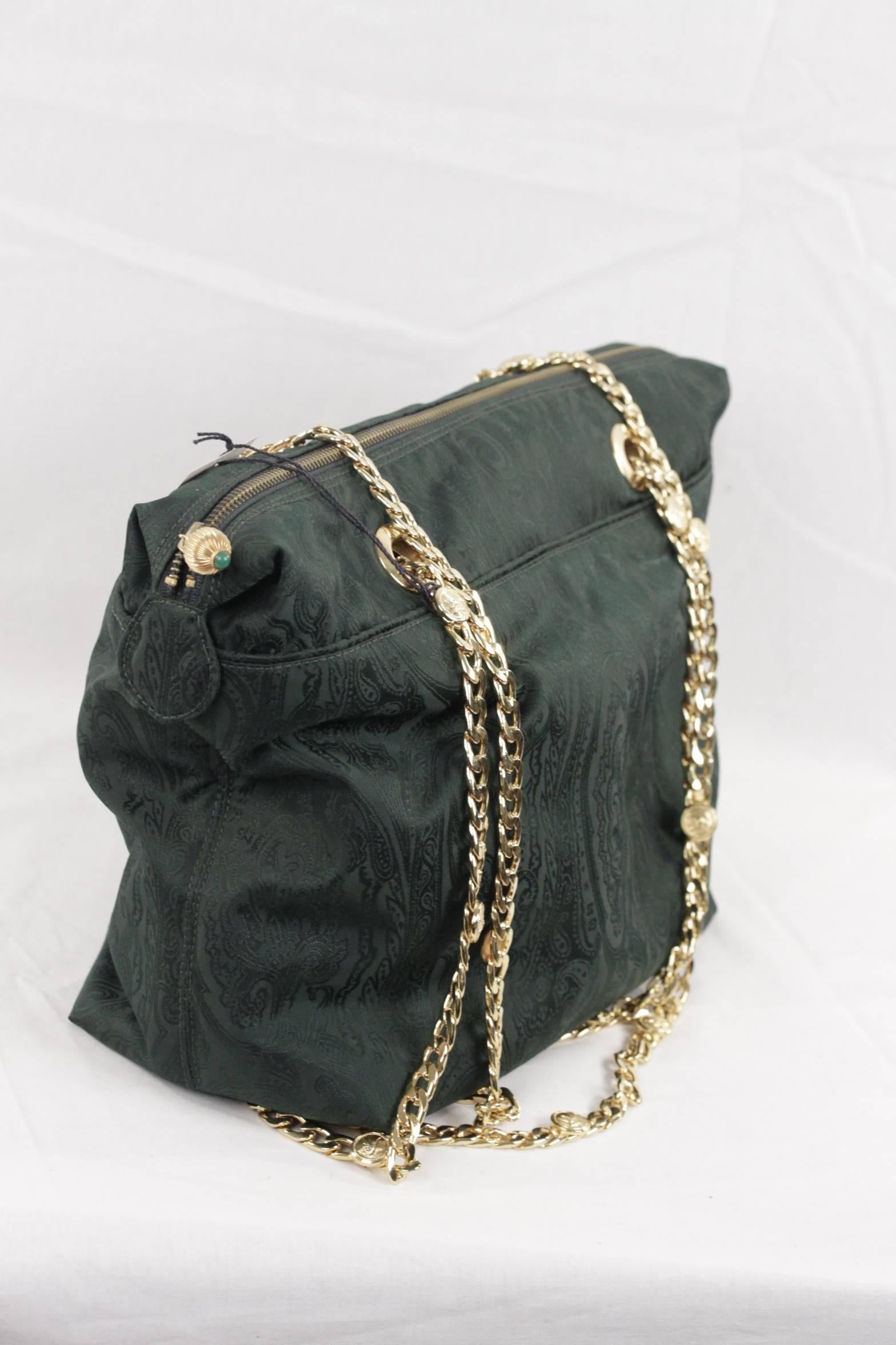 Black ETRO MILANO Green  Paisley Jacquard Canvas TOTE Shoulder Bag w/ Chain Straps