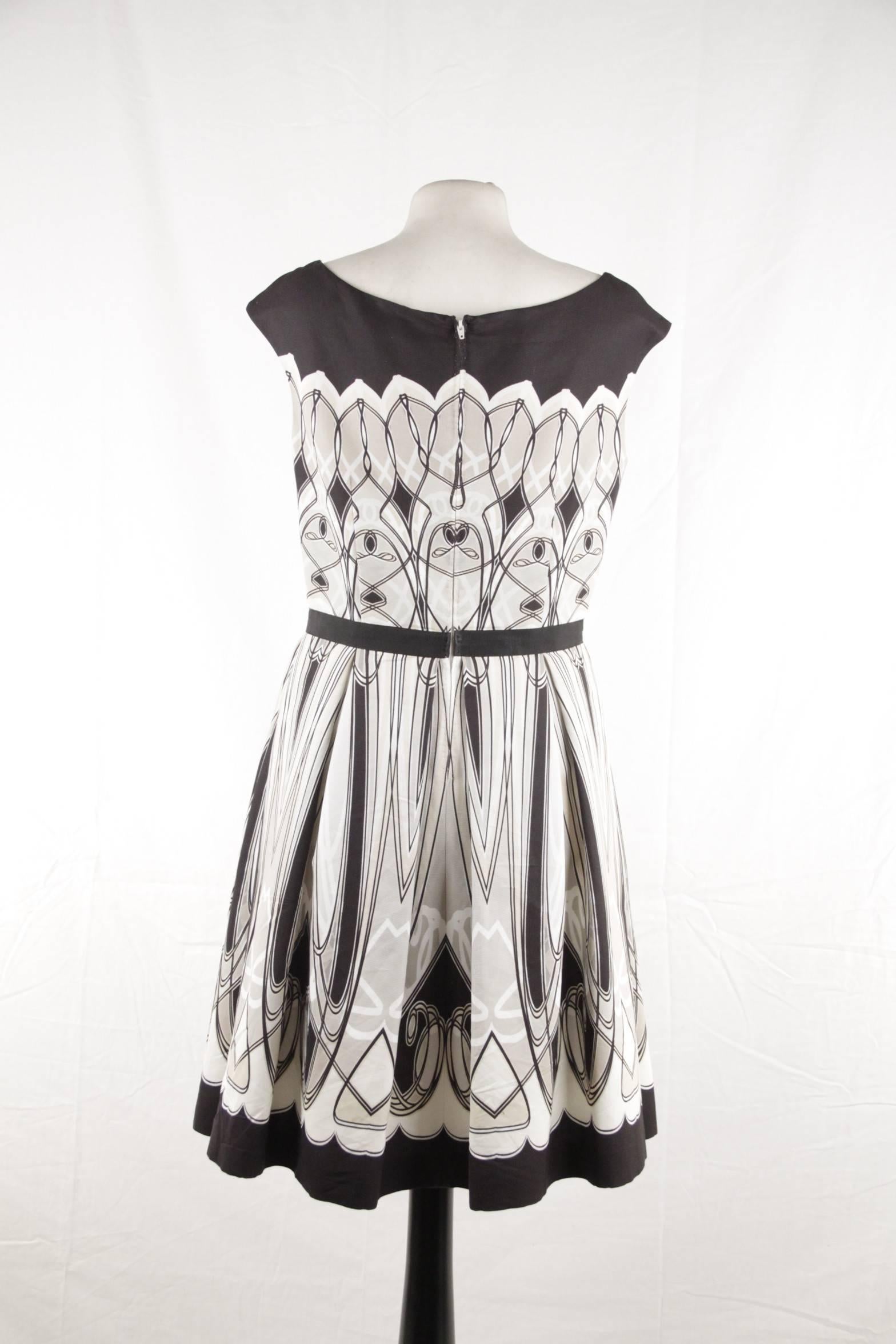 Gray BLUMARINE Black White Beige ART DECO Print FIT & FLARE DRESS
