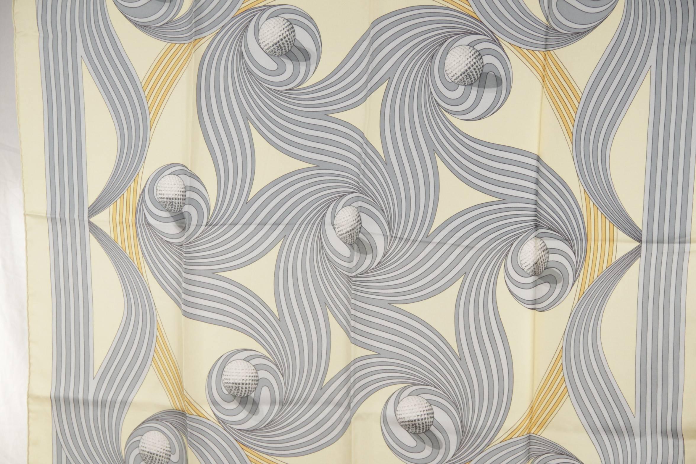Gray HERMES PARIS Vintage Yellow Silk Scarf ROULIS 1951 Bouard GOLF BALLS