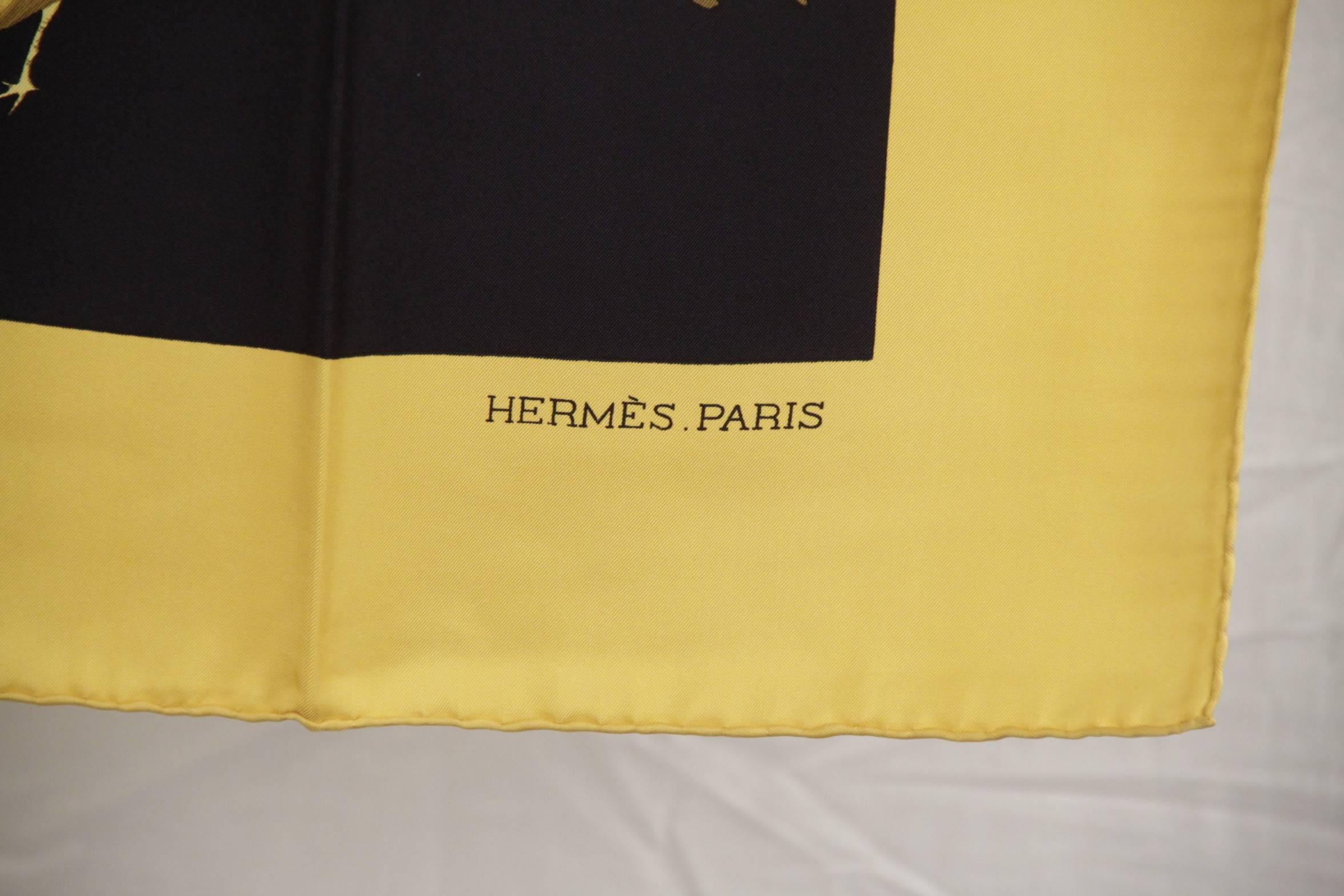 Orange HERMES PARIS Vintage Silk Scarf JEUNES COQS Madame La Torre 1966 Yellow/Blue