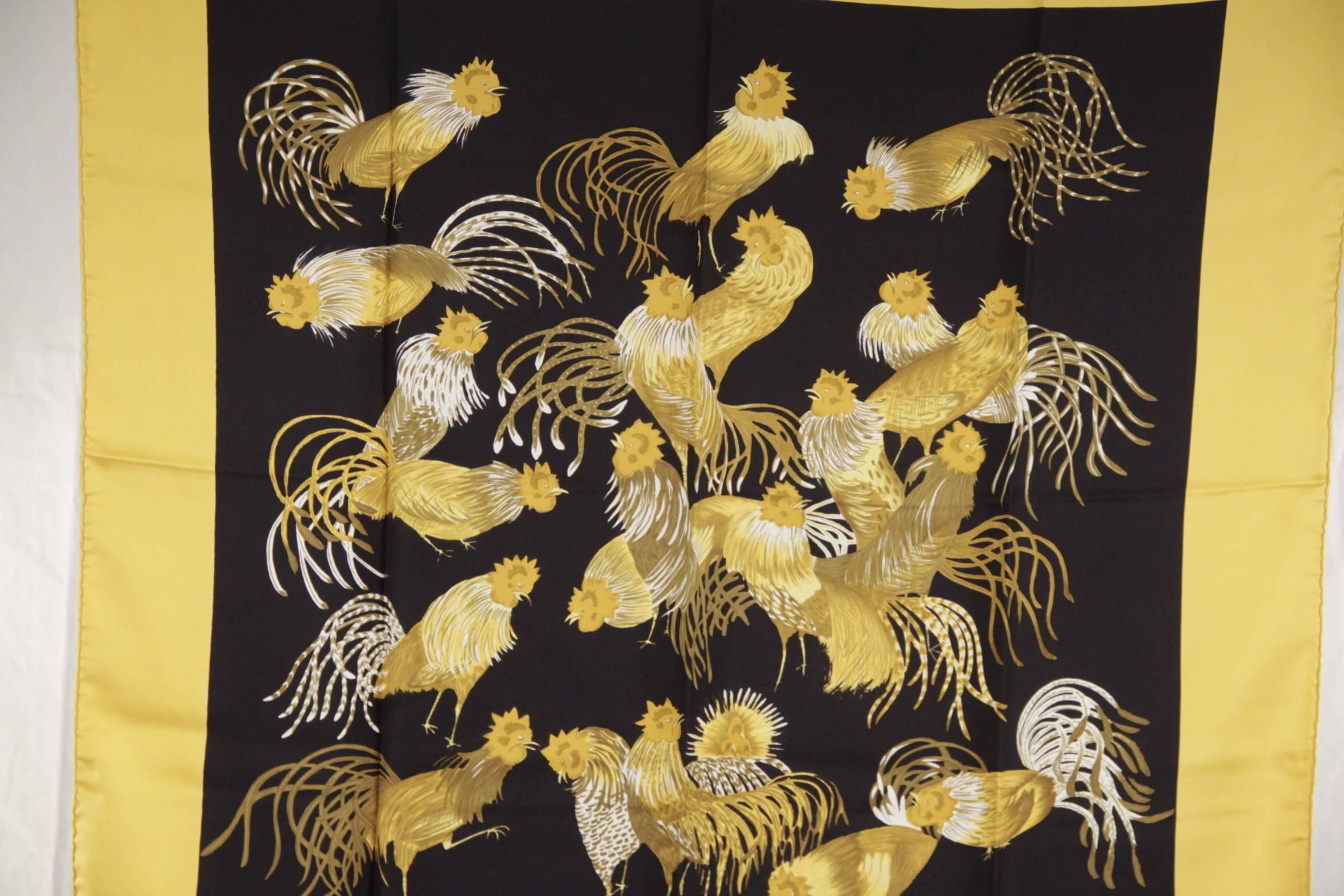 HERMES PARIS Vintage Silk Scarf JEUNES COQS Madame La Torre 1966 Yellow/Blue In Good Condition In Rome, Rome