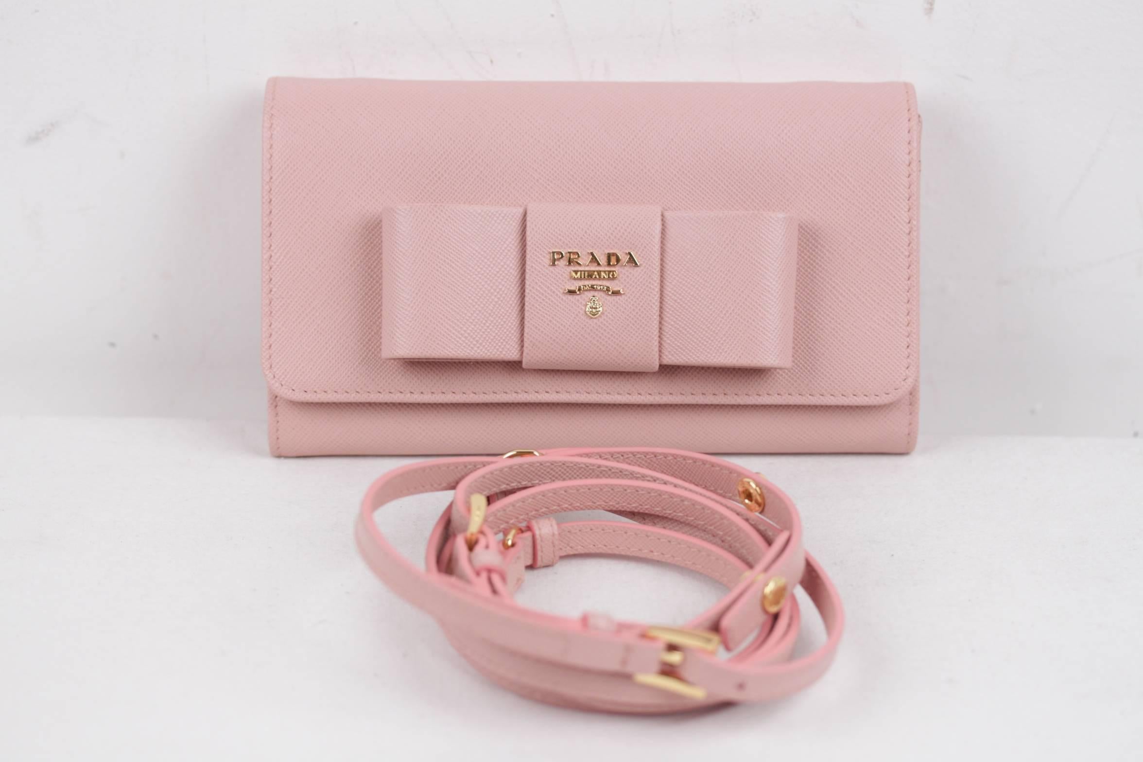 Women's PRADA Pink Leather SAFFIANO FIOCCO Ribbon STRAP WALLET Purse WOC 1M1437 w/BOX