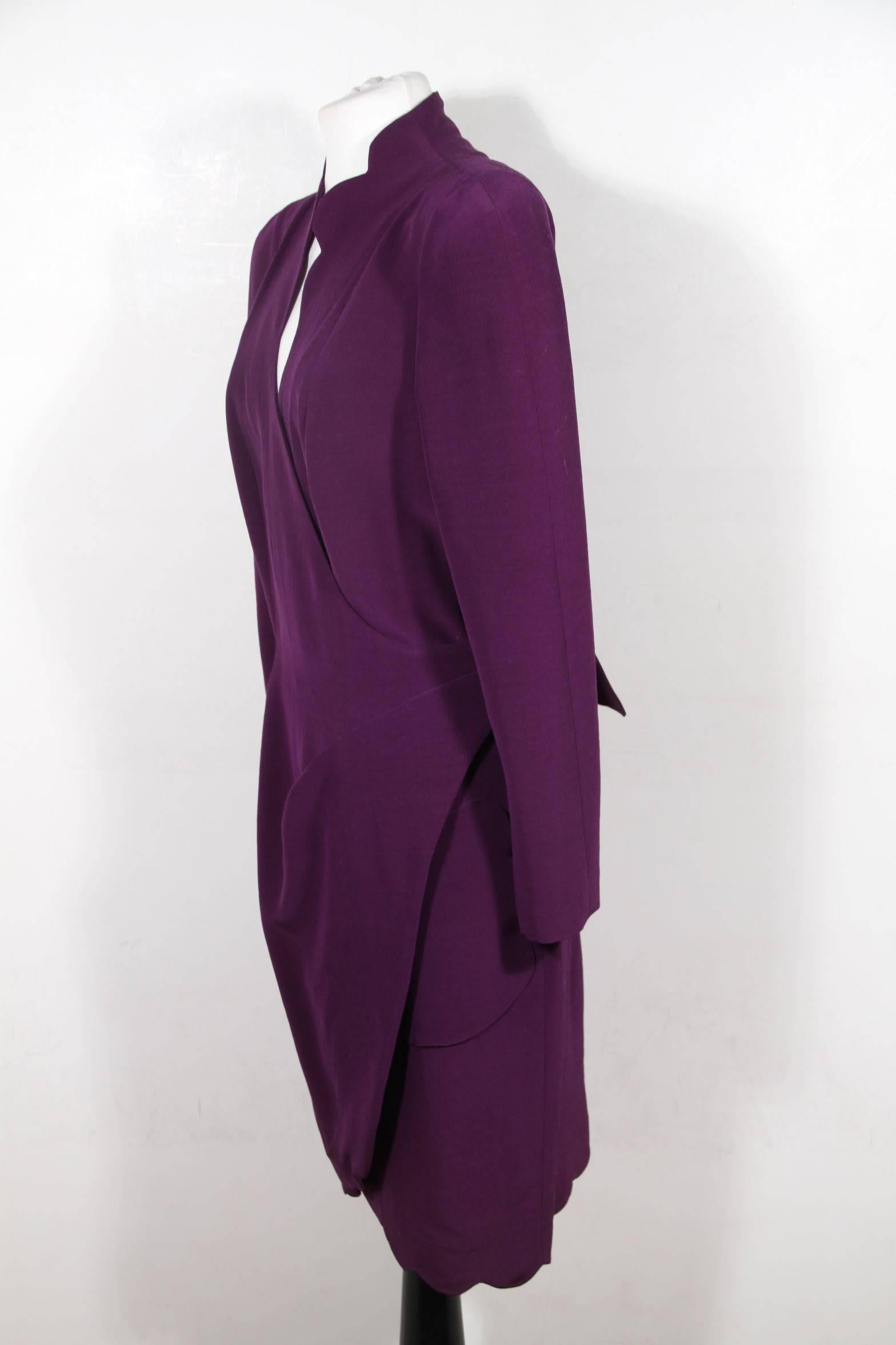 Black THIERRY MUGLER ACTIVE VINTAGE Purple Wool Blend WRAP DRESS Sz 44