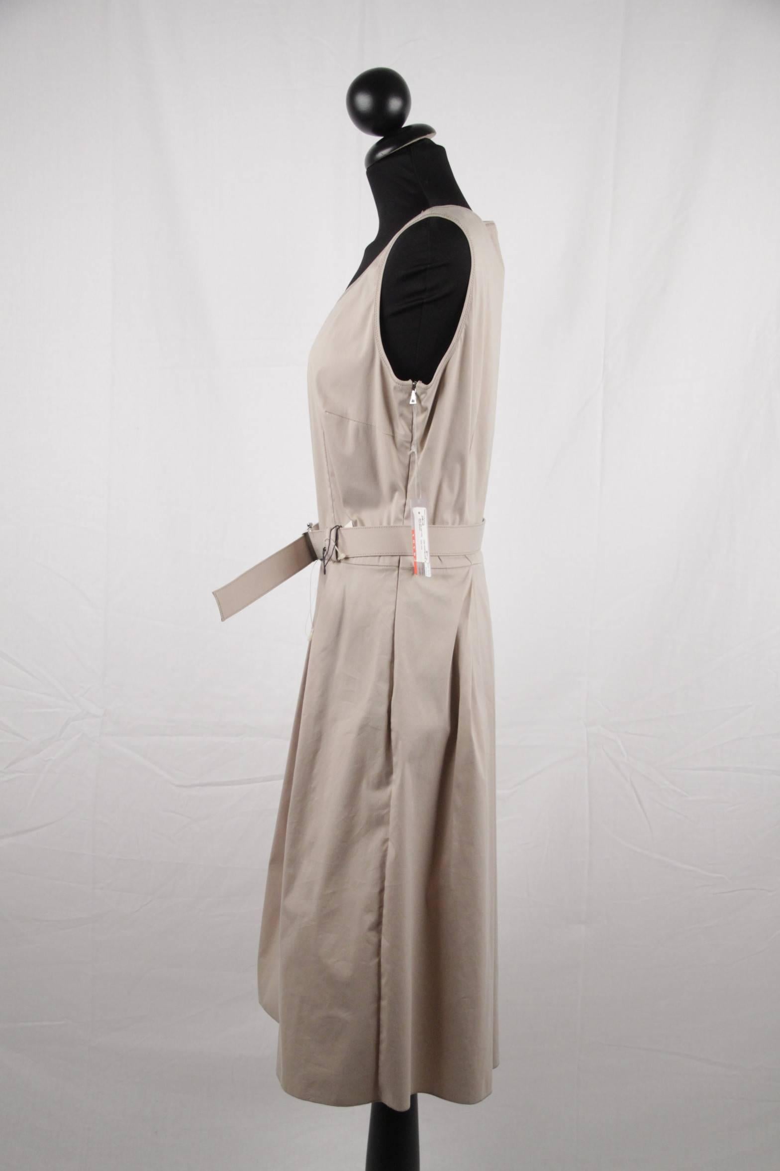 Women's PRADA Beige Poplin Cotton SLEEVELESS DRESS with Leather BELT Size 46