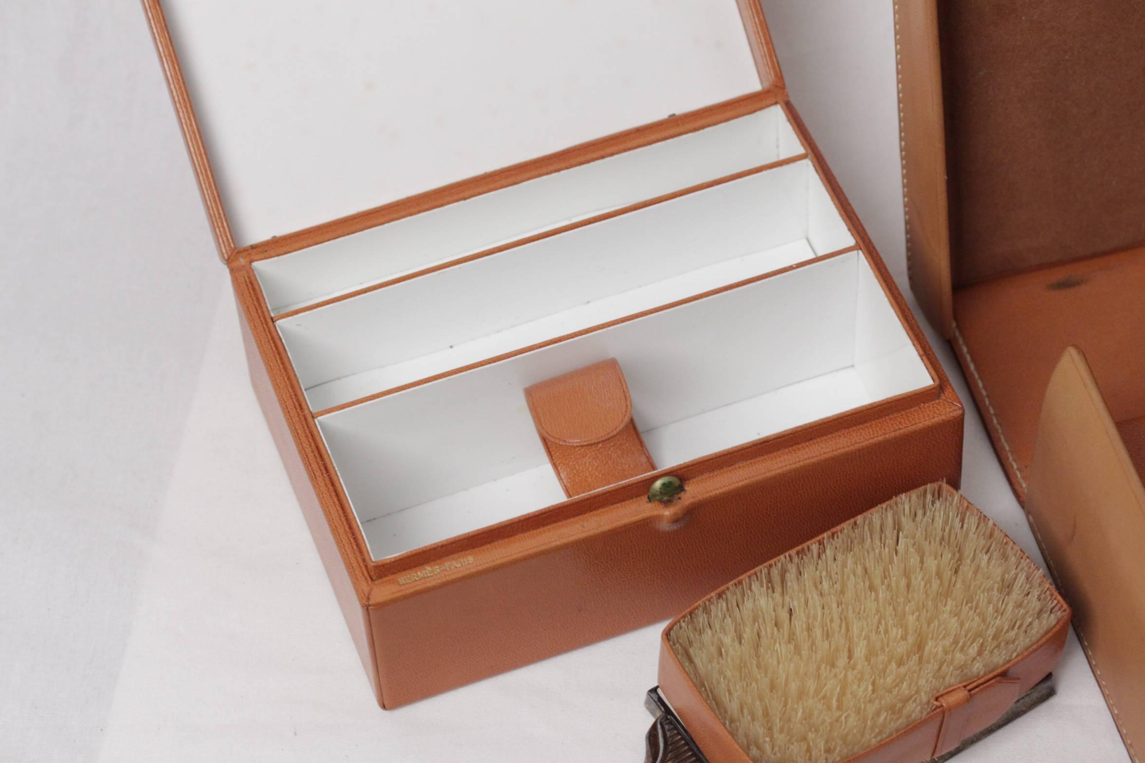 HERMES VINTAGE Tan Leather TRAVEL GROOMING SET w/ Silver TOILETRY Pieces 1