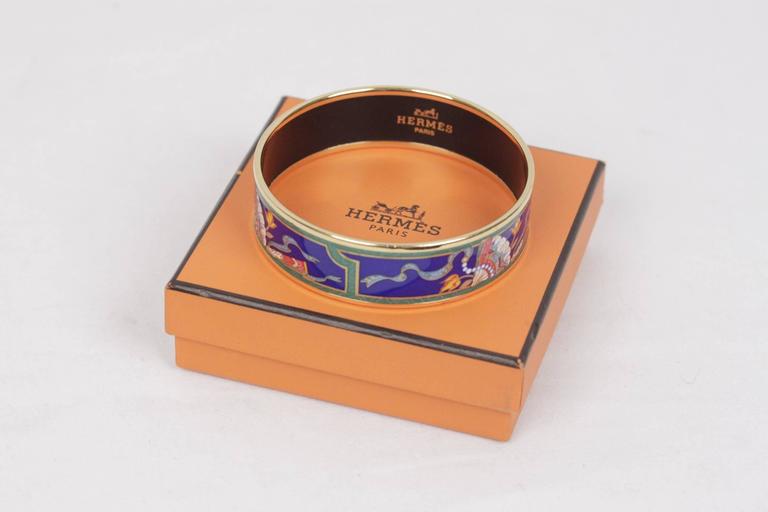 HERMES Enamel Blue FOLDING FAN Bangle BRACELET Gold Plated Rim w/ BOX