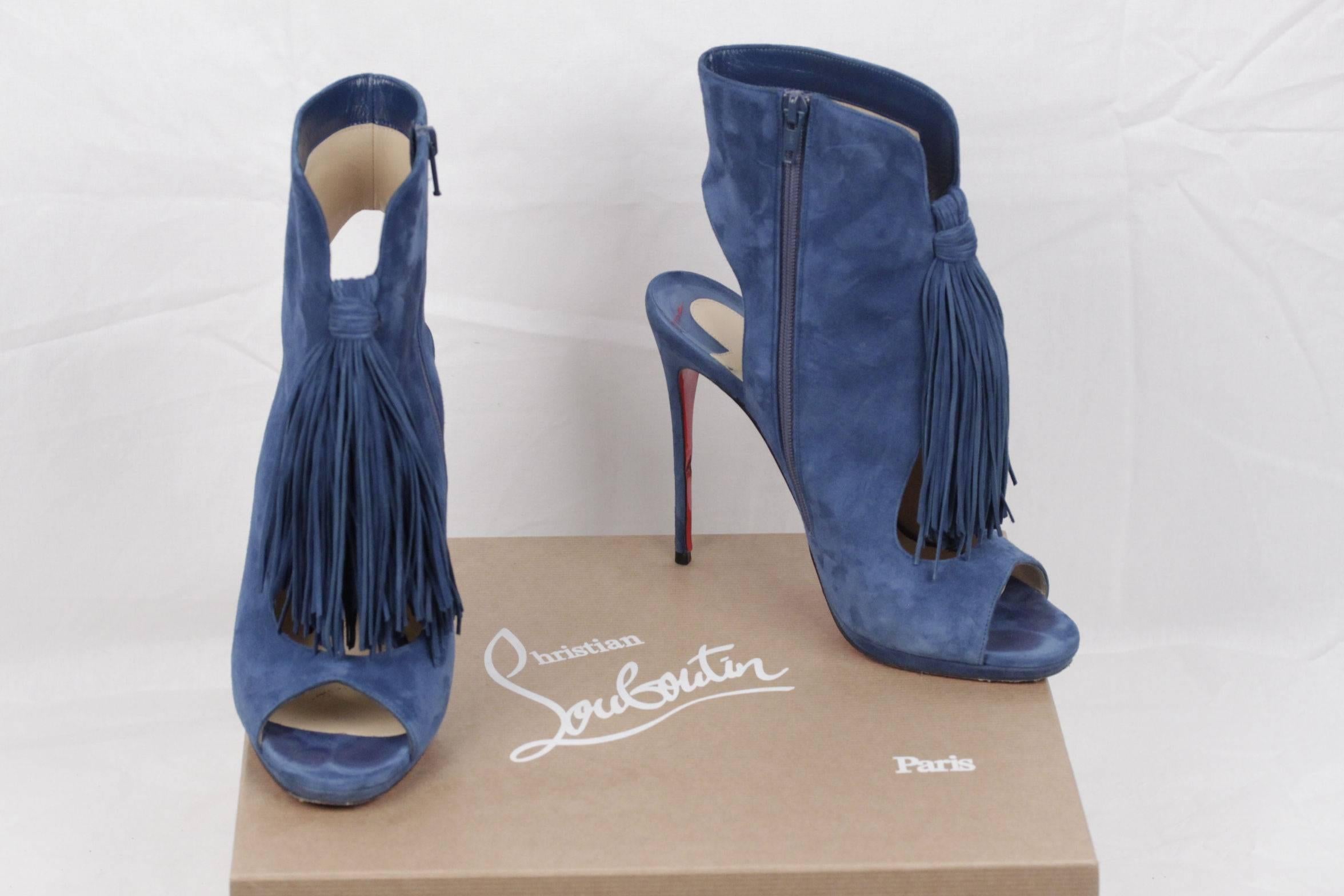 CHRISTIAN LOUBOUTIN Blue Suede OTOKA Tassel ANKLE BOOTS Open Toe SIZE 40 In Good Condition In Rome, Rome