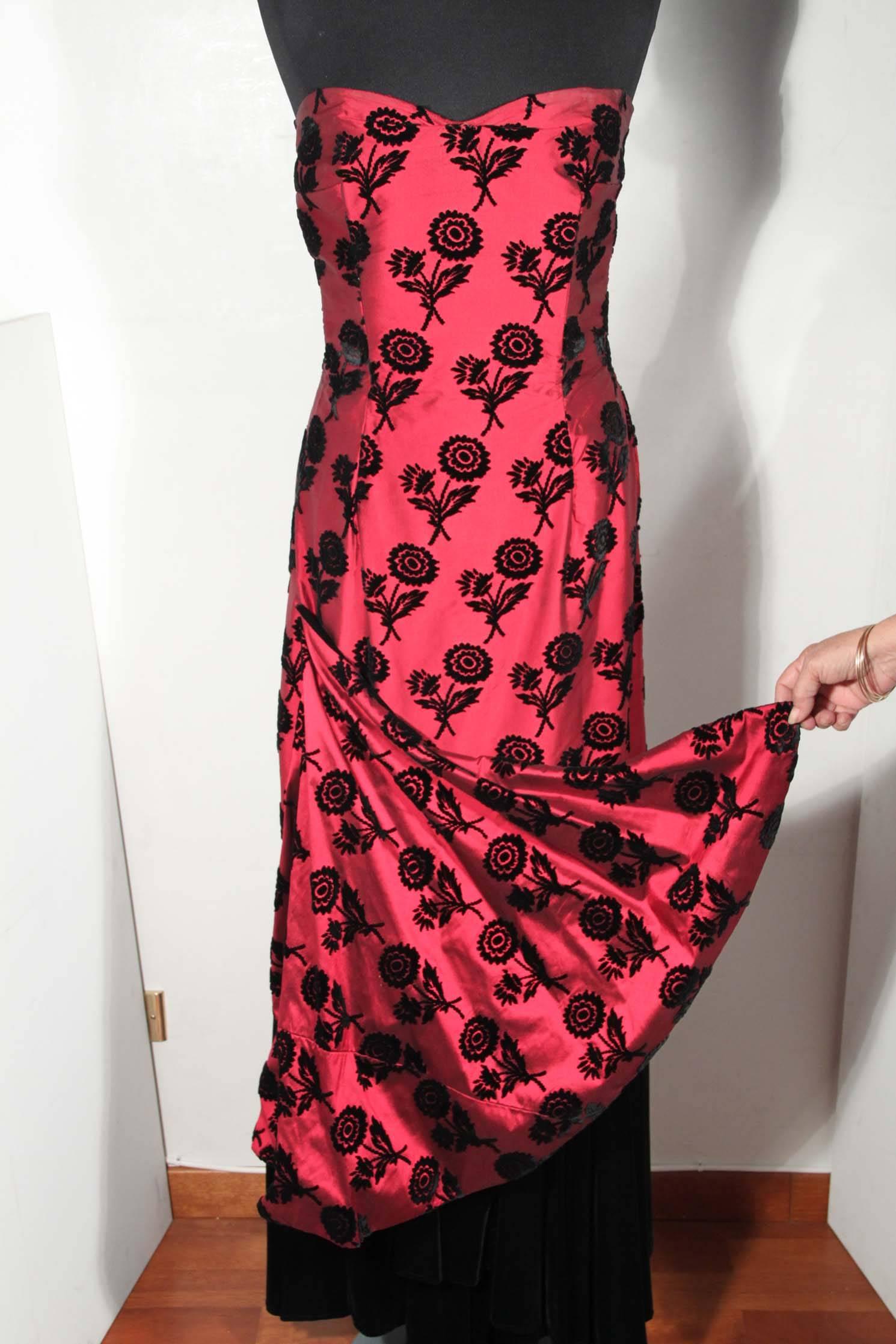 VINTAGE Italian Red & Black TAFFETA VELVET Long EVENING DRESS Ball Gown sz 42 IT 2