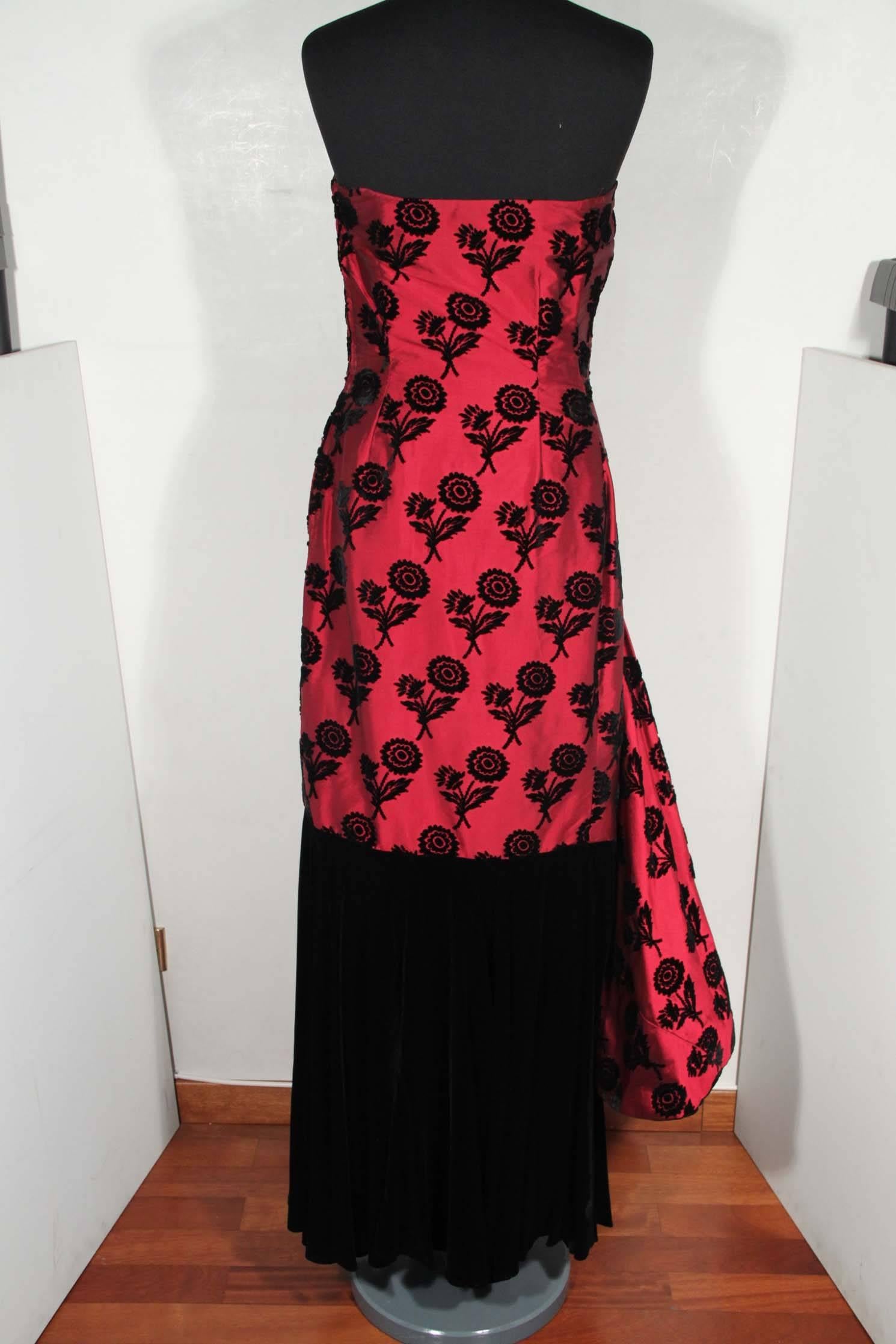 VINTAGE Italian Red & Black TAFFETA VELVET Long EVENING DRESS Ball Gown sz 42 IT 1