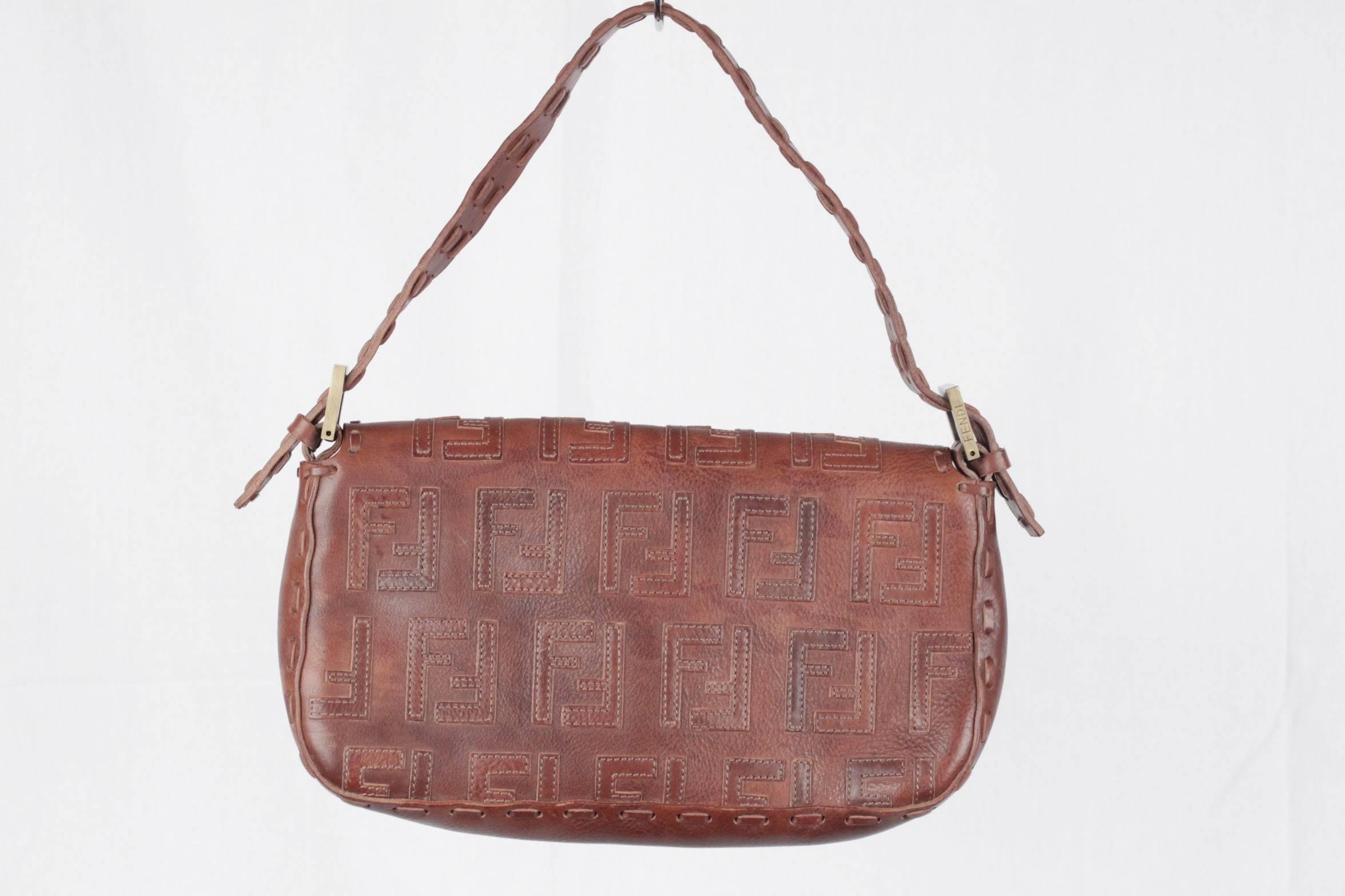 FENDI Brown Leather BAGUETTE BAG Shoulder Bag HANDBAG w/ Stitched FF LOGOS In Excellent Condition In Rome, Rome