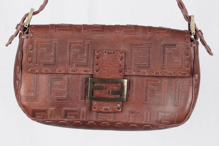 FENDI Brown Leather BAGUETTE BAG Shoulder Bag HANDBAG w/ Stitched FF