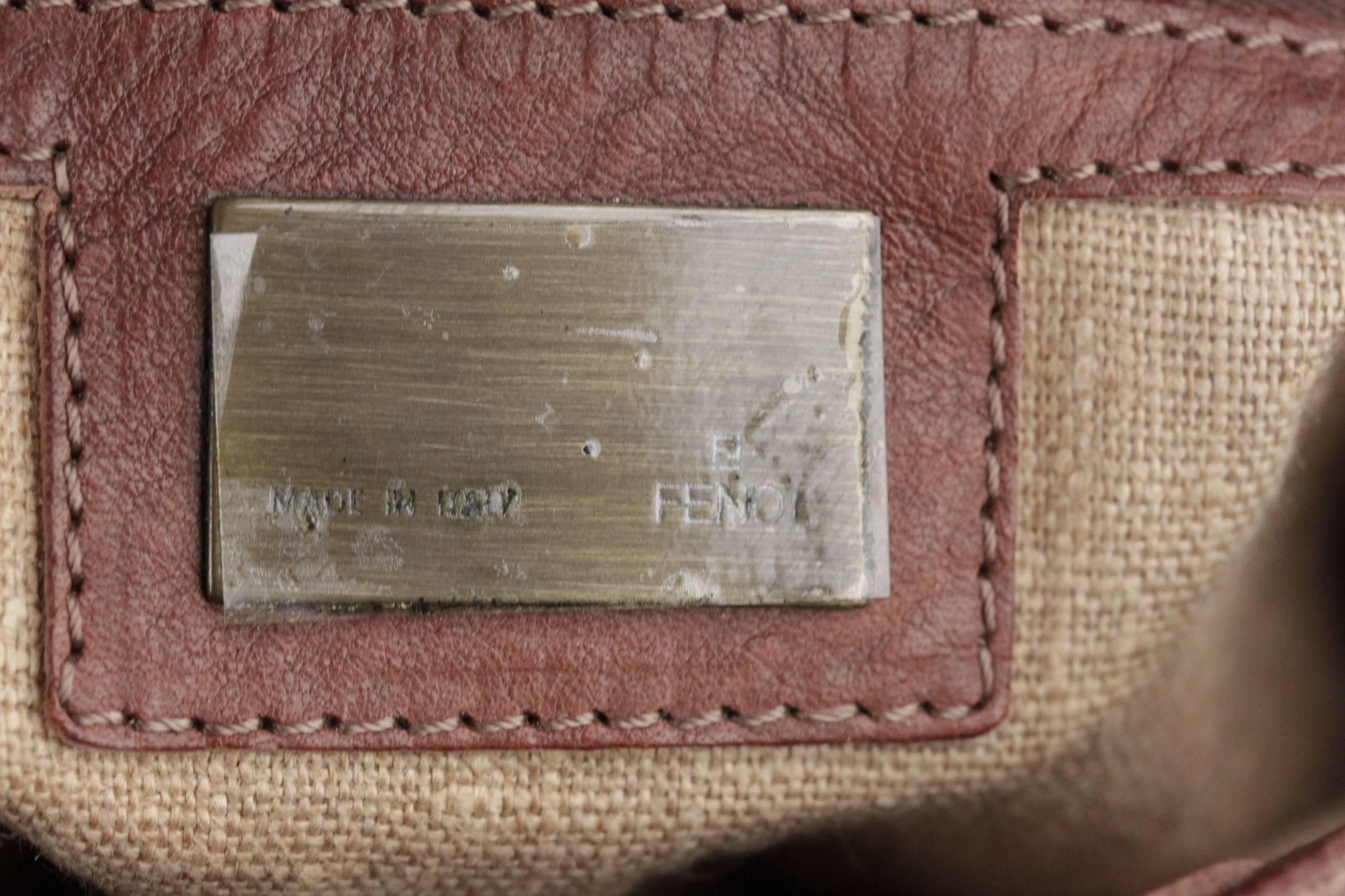 FENDI Brown Leather BAGUETTE BAG Shoulder Bag HANDBAG w/ Stitched FF LOGOS 2