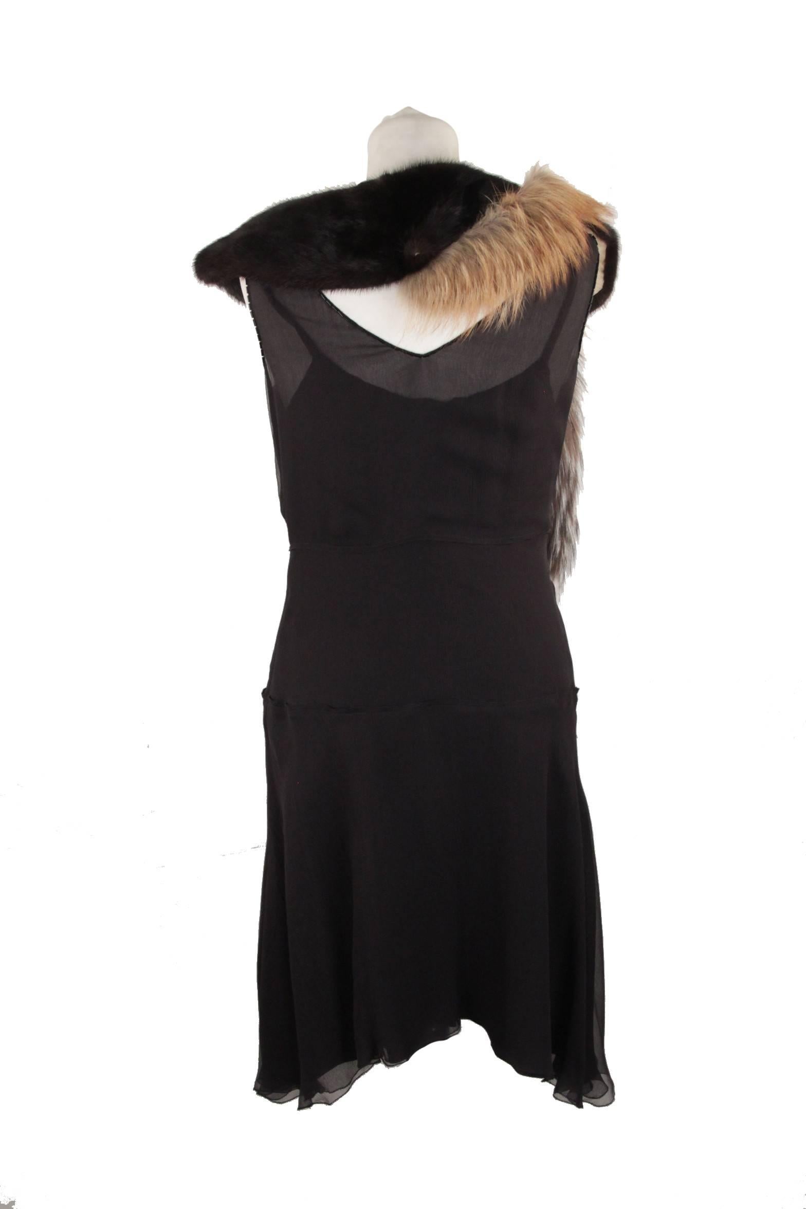 PRADA Black Sleeveless Pure Silk EMBELLISHED DRESS w/ FOX FUR Trim SIZE 42 2