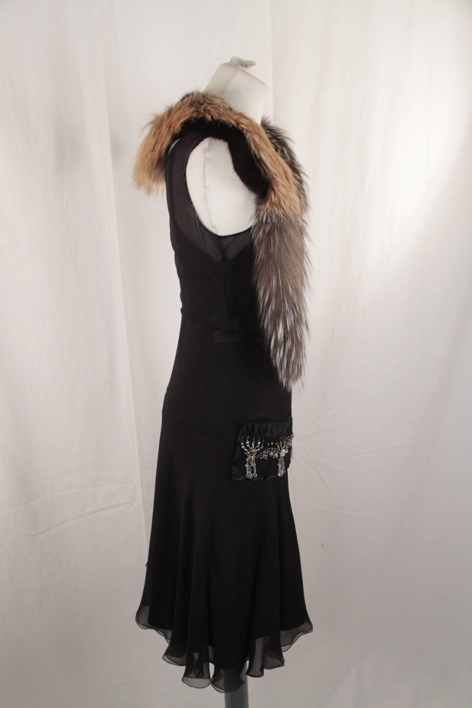 Women's PRADA Black Sleeveless Pure Silk EMBELLISHED DRESS w/ FOX FUR Trim SIZE 42