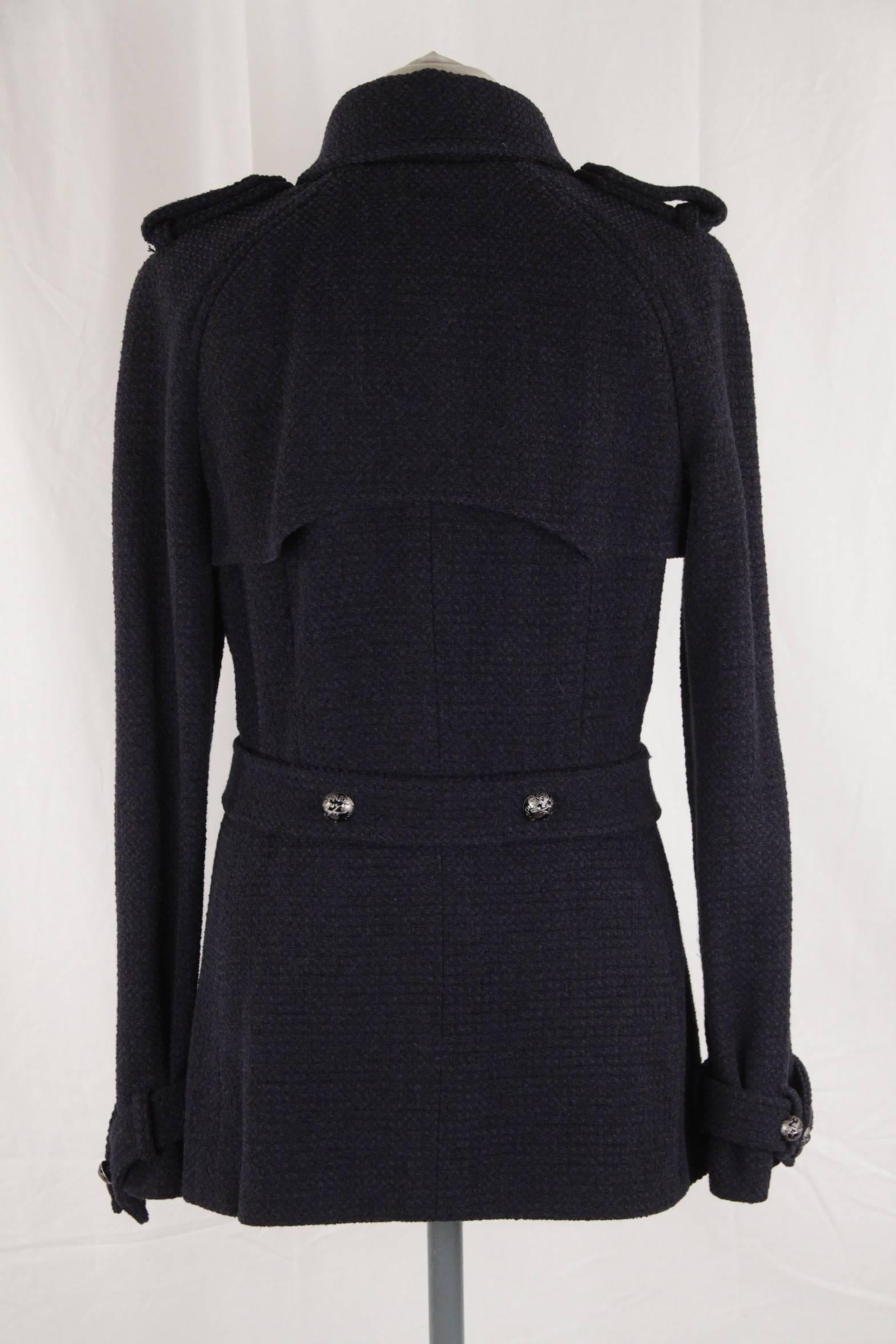 Black CHANEL Blue Cotton & Wool DOUBLE BREASTED JACKET Coat w/ BELT Size 38