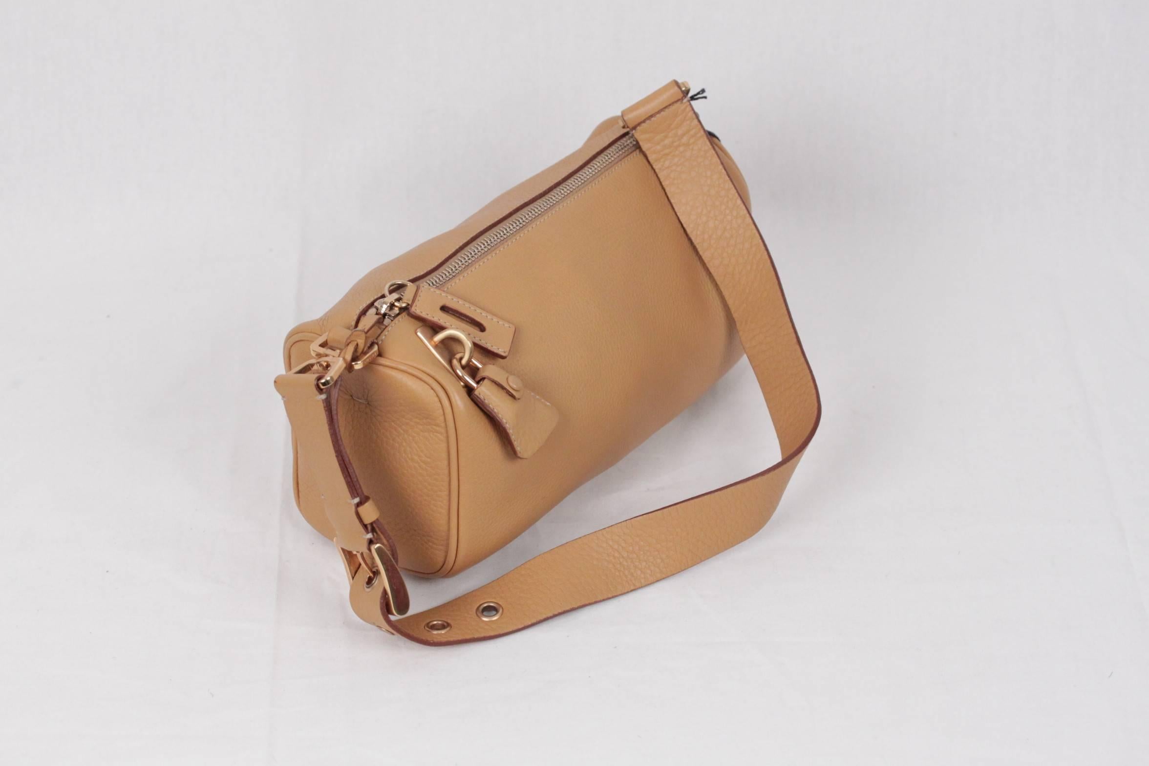 Women's PRADA Tan Leather SHOULDER BAG Handbag w/ PADLOCK