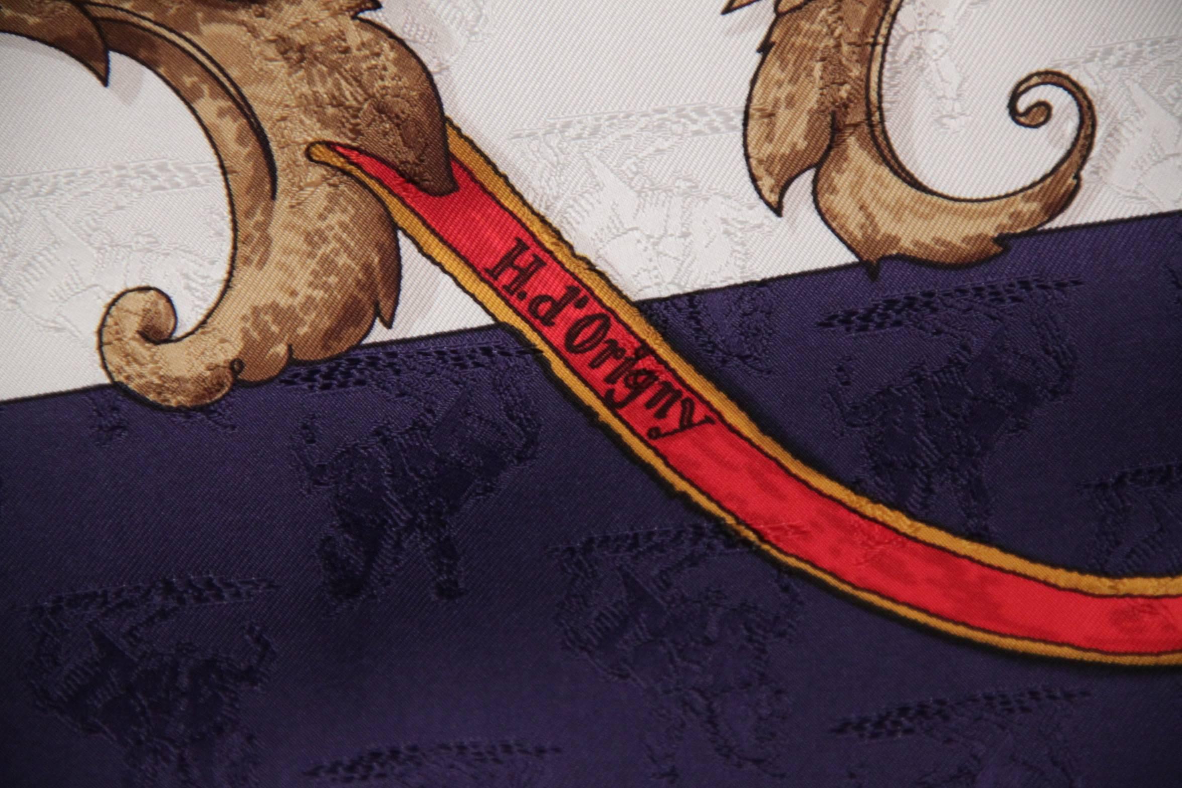 Gray HERMES PARIS Silk JACQUARD SCARF L'Instruction Du Roy 1993 D'ORIGNY w/ Box