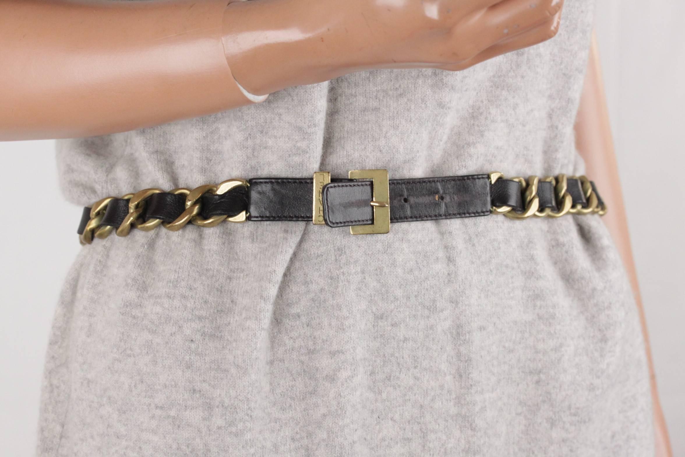 CHANEL Vintage Gold metal & Black Leather INTERWOVEN CHAIN BELT Size 70/28 In Good Condition In Rome, Rome