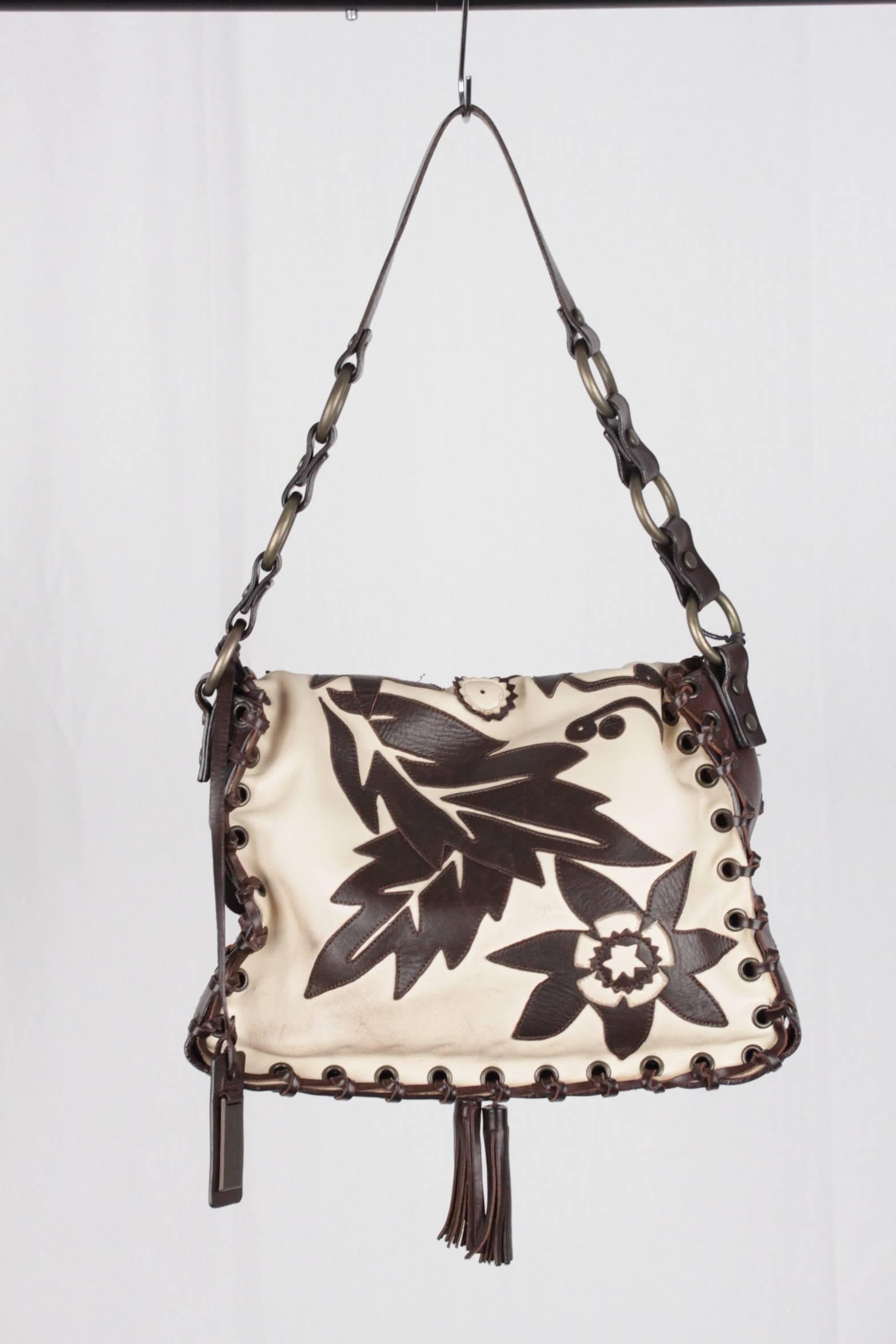 DOLCE & GABBANA Ivory & Brown Leather SHOULDER BAG Flap Purse In Good Condition In Rome, Rome